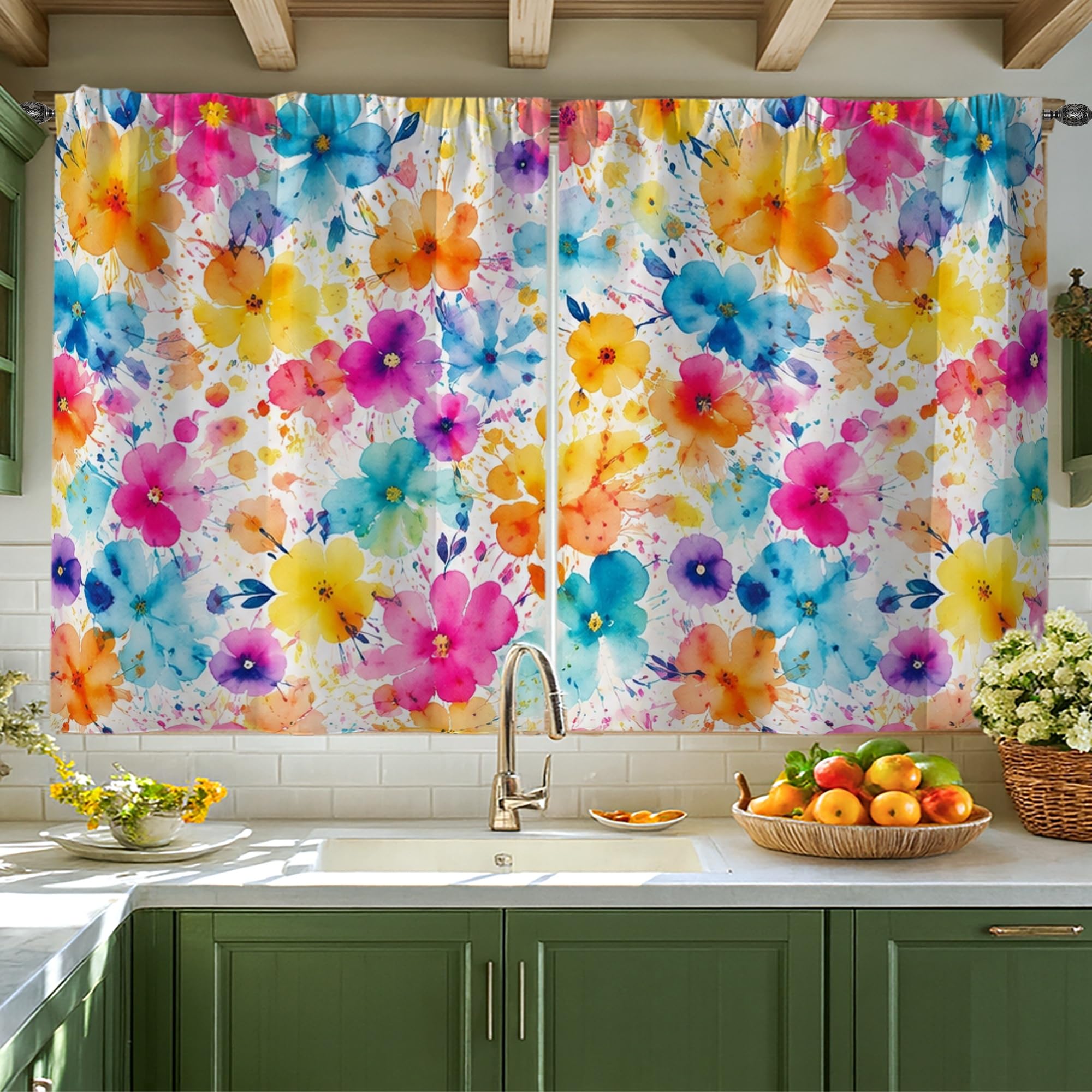 Rideaux contemporains à fleurs 106x114 cm pour petite fenêtre de cuisine et de salle à manger