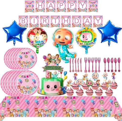 Suministros de fiesta de dibujos animados rosados, decoración de cumpleaños incluye pancarta, mantel, platos, tenedores, decoración de pasteles,