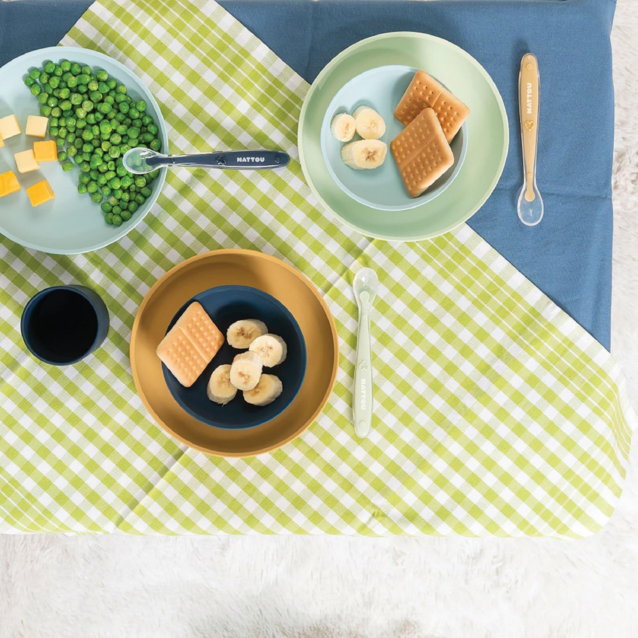 Nattou Set Repas en Silicone Pour Enfants, 4 pcs., Assiette + Bol Antidérapant, Sans BPA, Silicone, Orange/Rouge