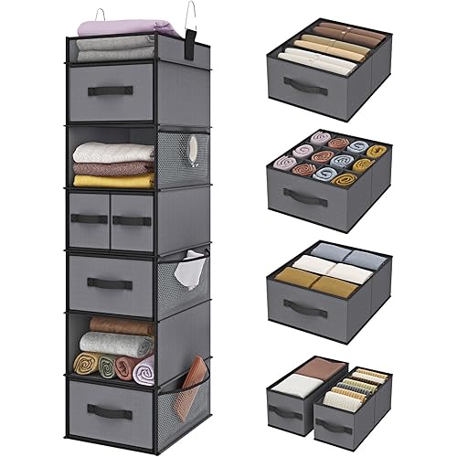 Fixwal 1 Pack 7-Shelf Hanging Closet Organizer, Closet Organization and Storage with 5 Different Drawers, 6 Side Pockets Wardrobe Clothes Organizer for Closet Dark Grey