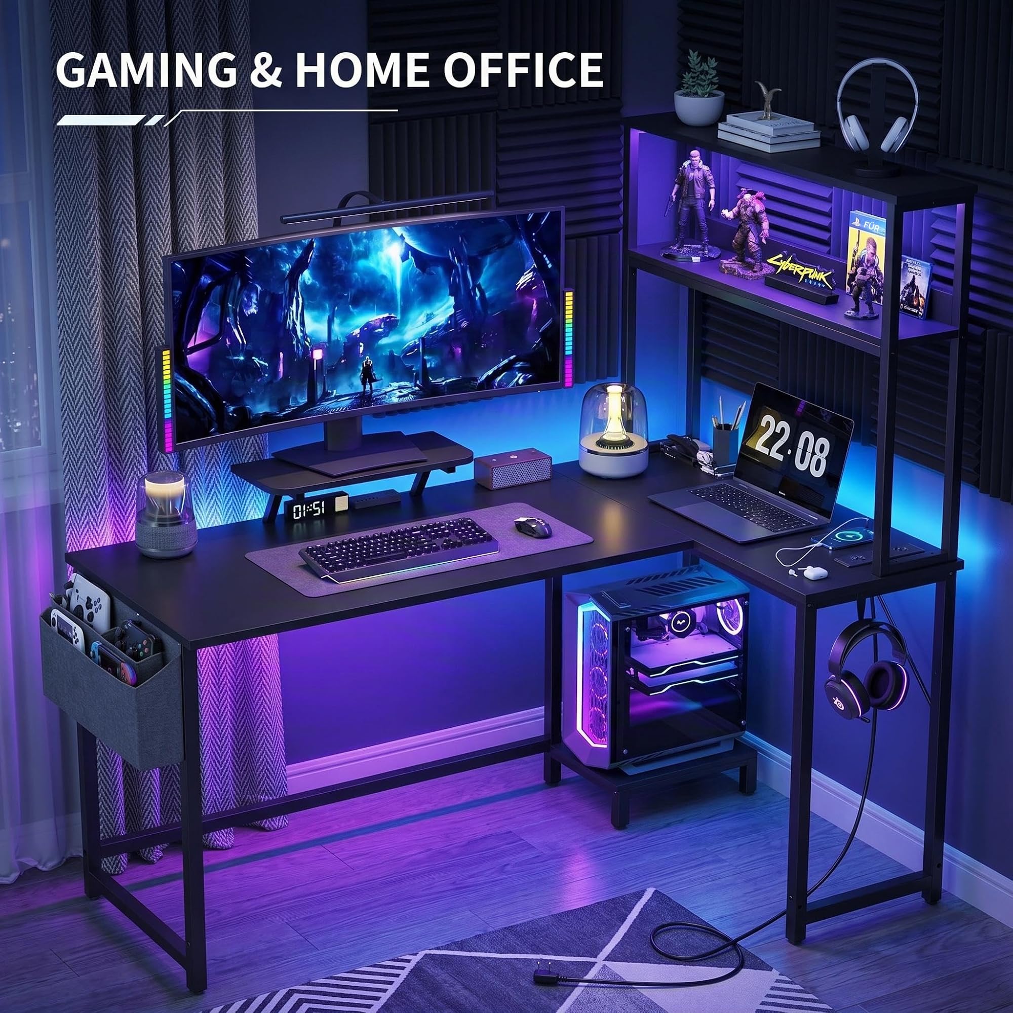 Garvee L-Förmiger Eckschreibtisch mit LED-Beleuchtung & Steckdosen,124 cm Computertisch mit 2-Stufigem Regal &Monitorständer,Gaming Schreibtisch mit CPU-Halter & Kopfhörerhaken für Home Office,Schwarz
