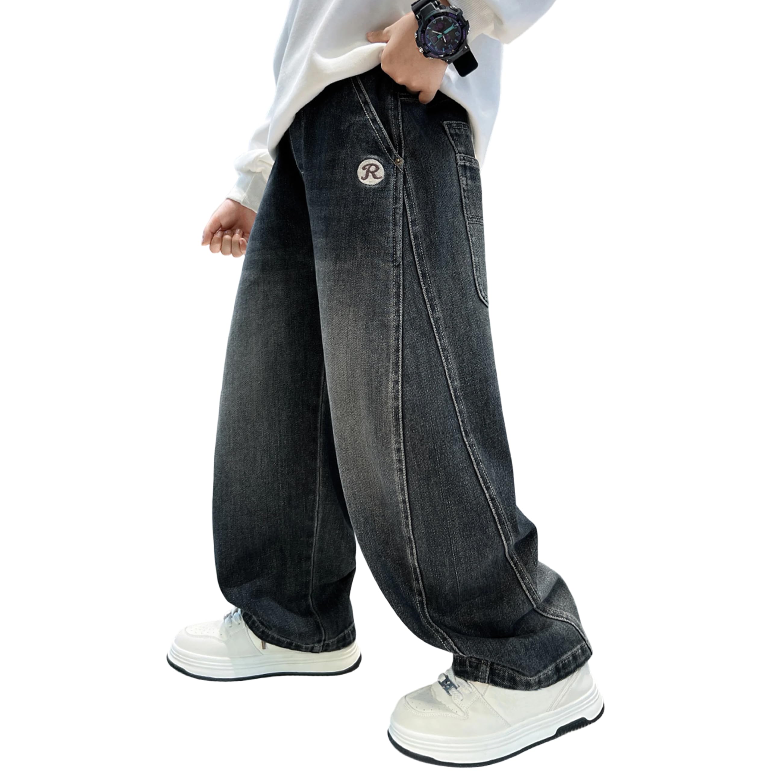 Rolanko Baggy jeans voor jongens met elastische taille, cargo-bootcut, skaterjeans met meerdere zakken, vintage denim broek, streetwear voor kinderen, Denim blauw, 11-12 Jaren