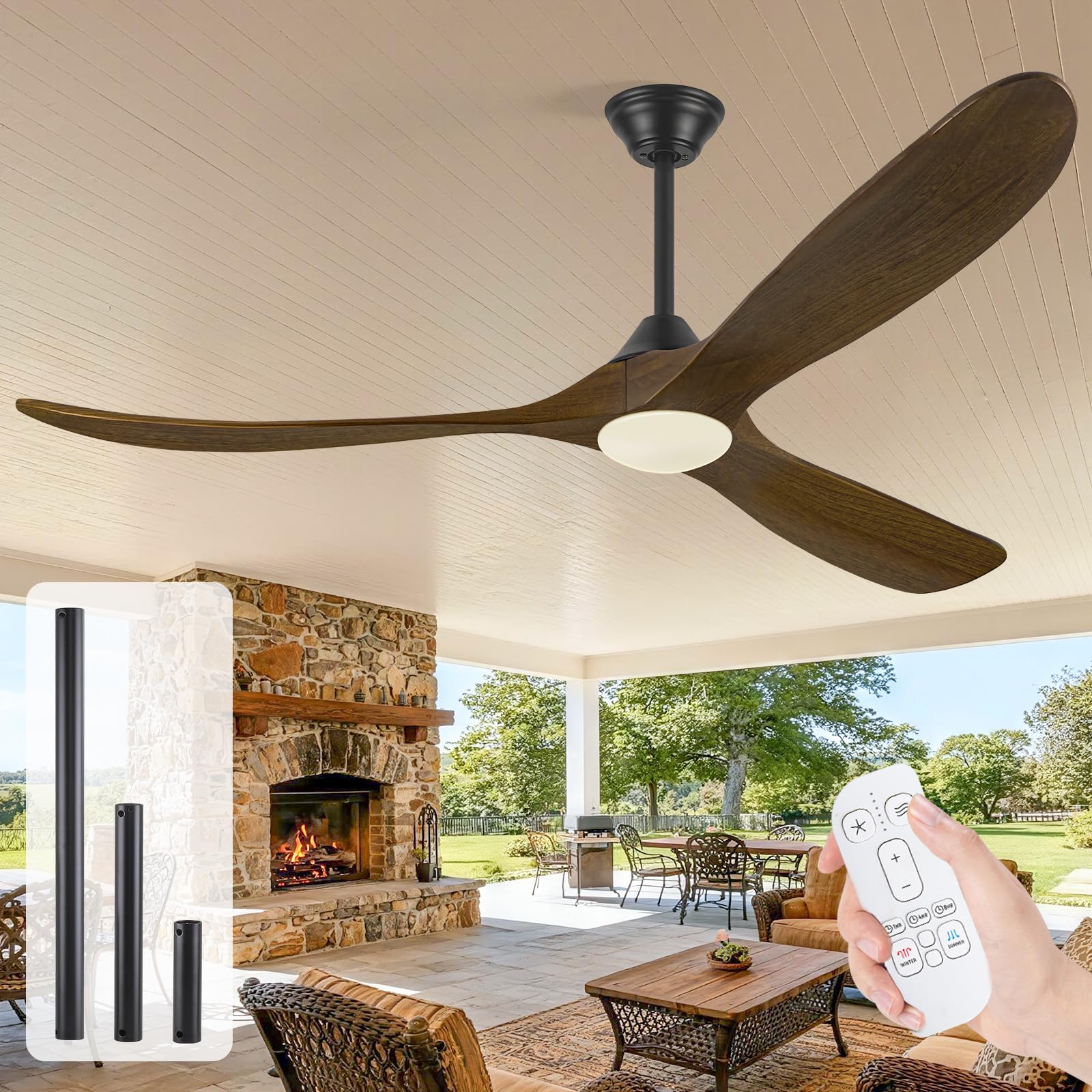 Ventilador de techo de madera rústica de 152 cm con luz y mando a distancia, ventilador de techo con motor de corriente continua reversible, ventilador de techo de interior y exterior