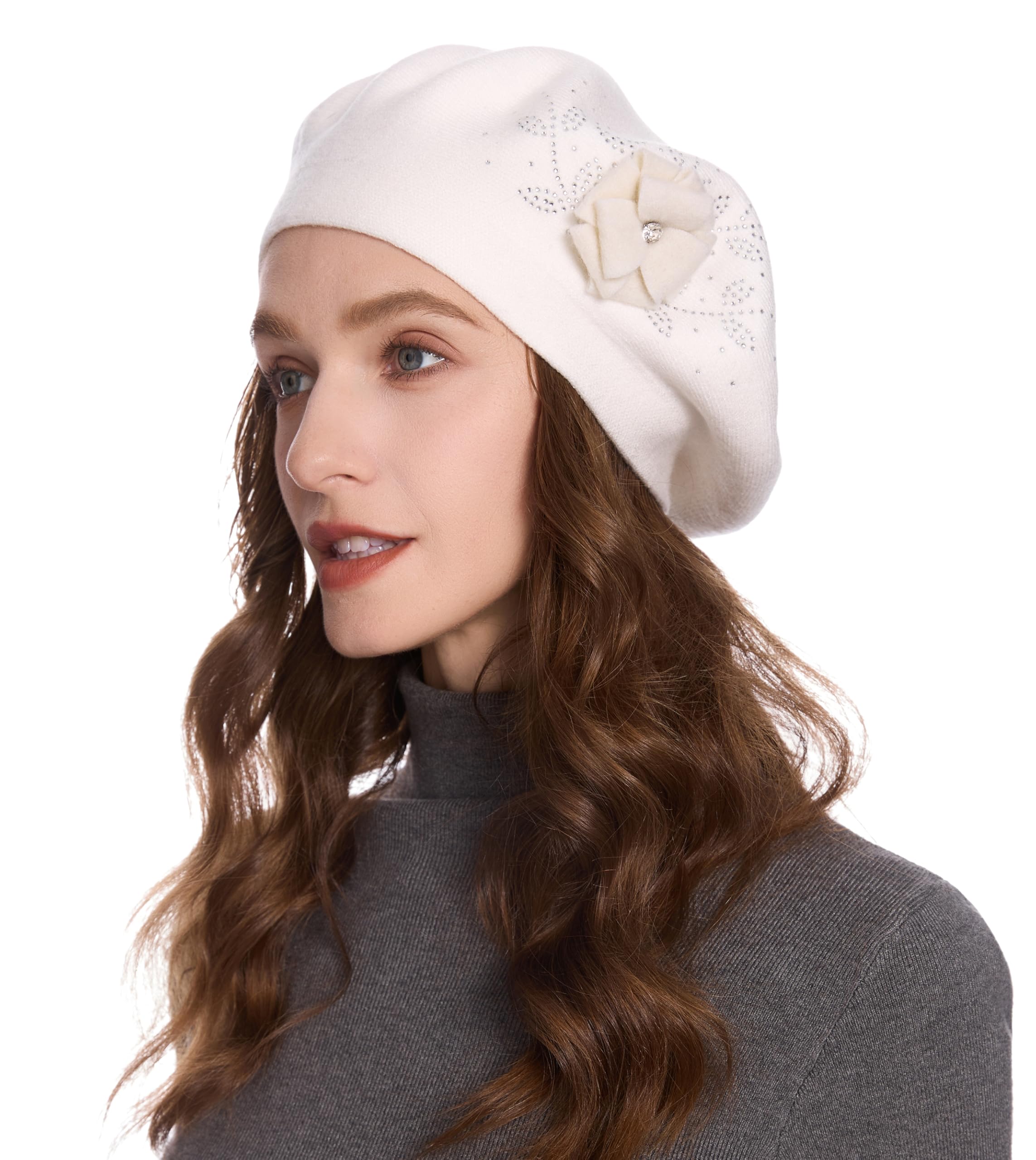 ZLYC Women French Beret hat Reversible Solid Color Floral Warm Knitted Beret Cap(Plain White),One Size
