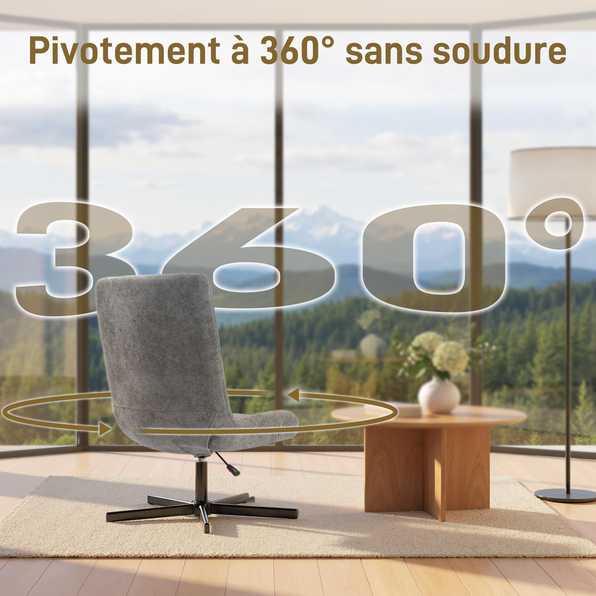HOMCOM Fauteuil Salon avec Repose-Pieds, Chaise pivotante en Velours sans accoudoirs, Hauteur réglable, Dossier inclinable 4 Positions, Assise rembourrée, Fauteuil Relax pour Salon et Chambre, Gris | Sans Accoudoirs, Hauteur Réglable, Dossier Inclinable 4