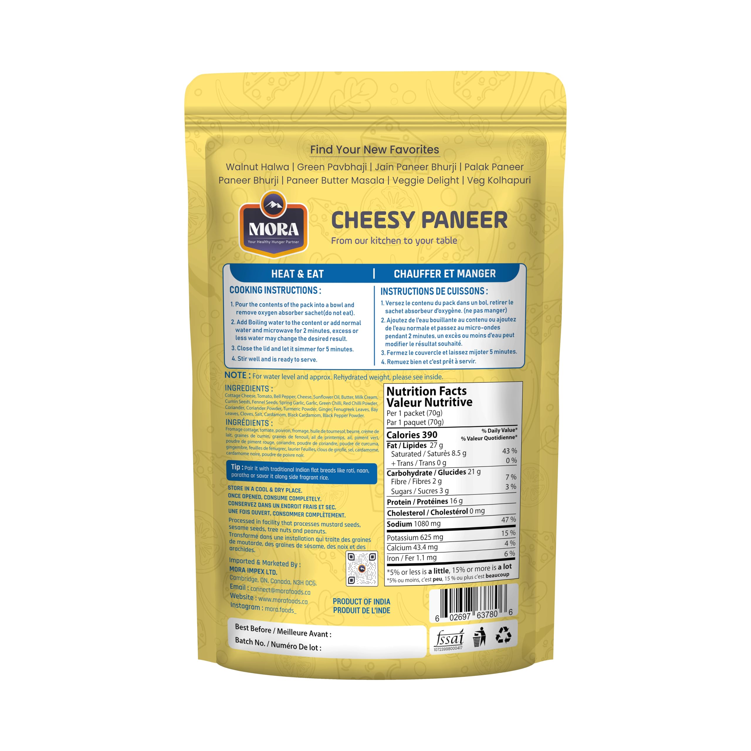 Mora Cheesy Paneer - Ready To Eat Premium Freeze Dried Instant Meal, Microwavable, Effortless Cooking, Gluten-free, Plant-based, High Protein, Emergency Food, Vegan