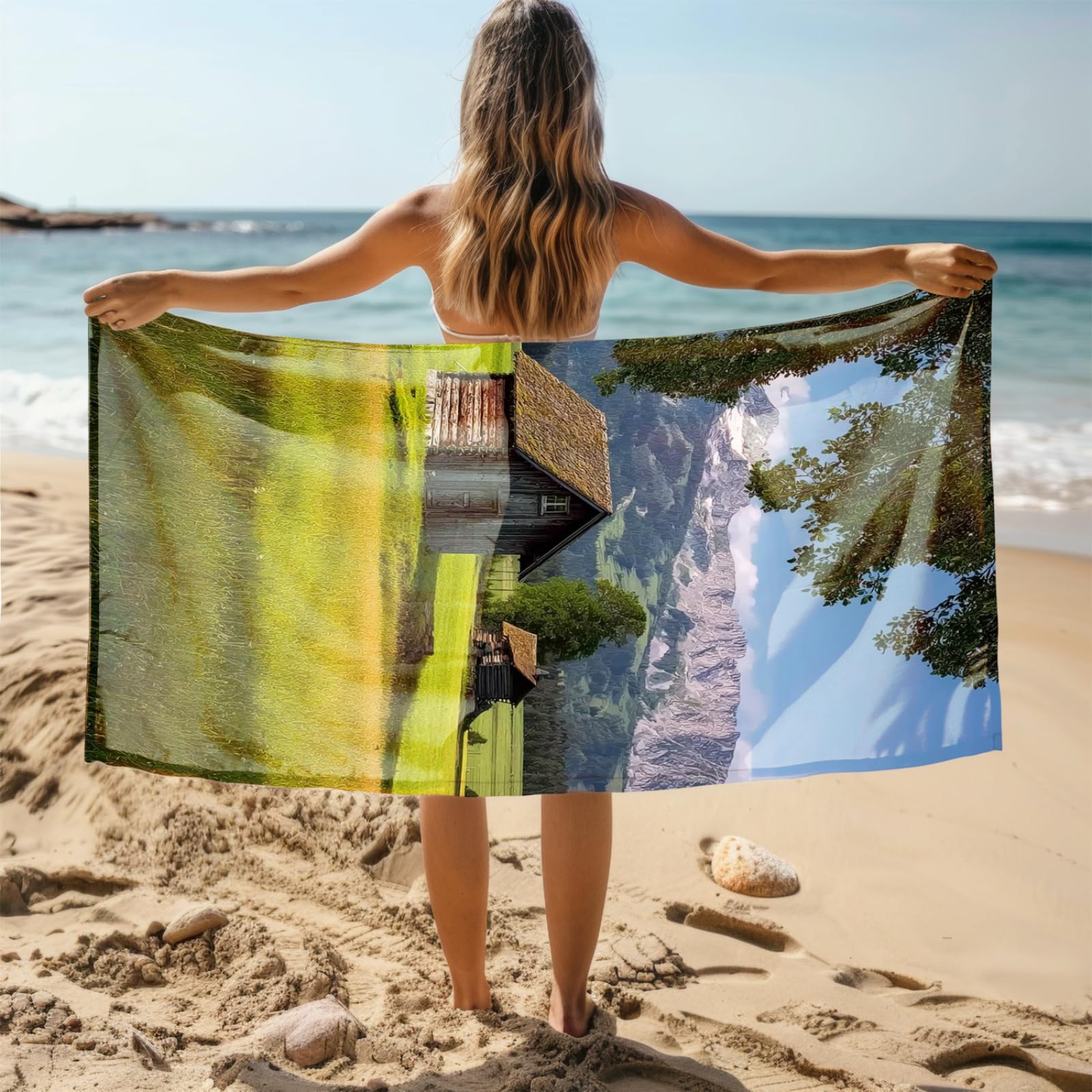 Tapis de Plage XXL Anti Sable Bleu Montagne Serviette Piscine Adulte,Natte De Plage Pliable, Voyage Accessoires De Plage Camping,Serviette de Bain Personnalisée