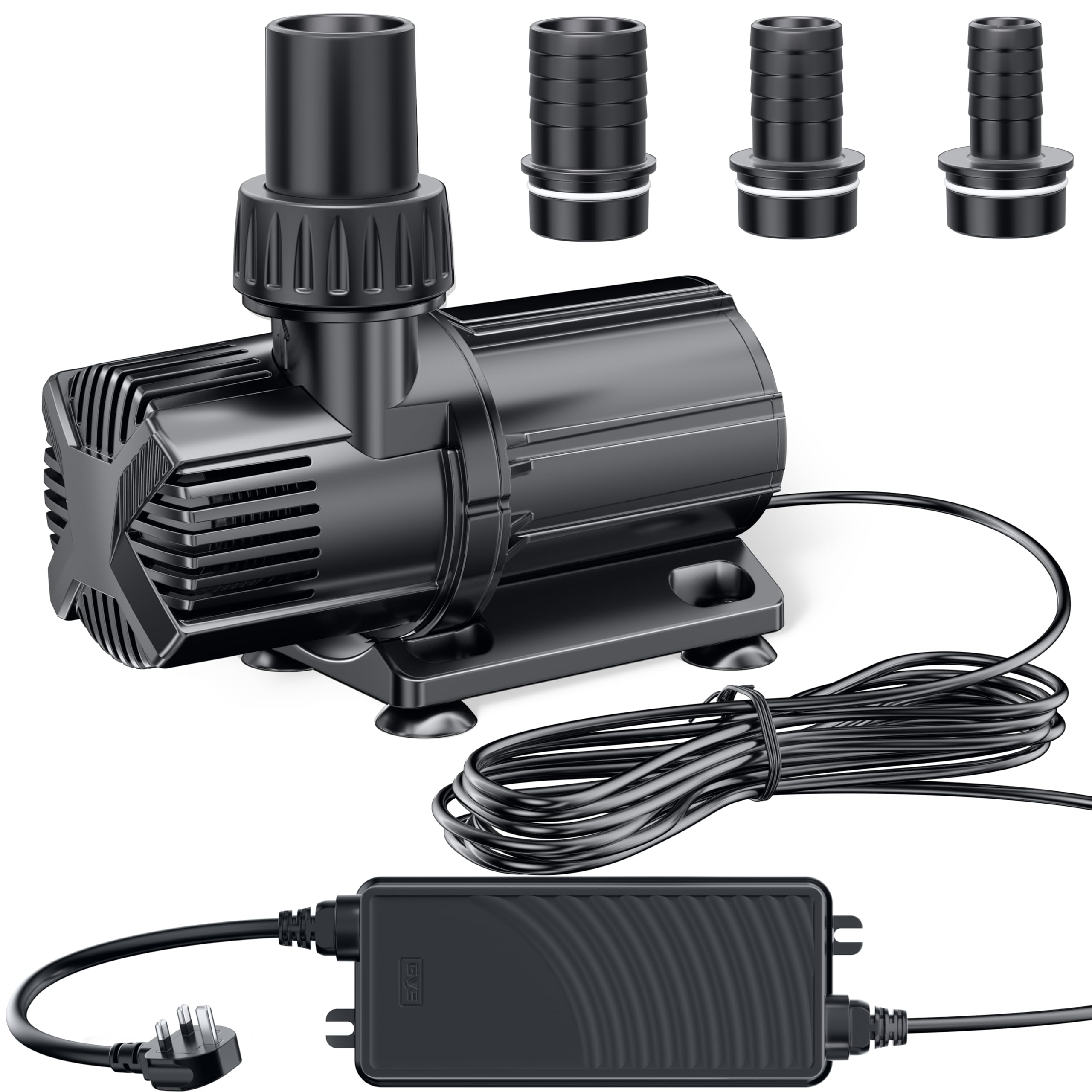 POPOSOAP Pompe de bassin 6000 L/H, pompe de fontaine silencieuse 24 V basse tension avec convertisseur AC/DC, 4 adaptateurs de tuyau pour étangs de jardin, aquariums, fontaines, caractéristiques