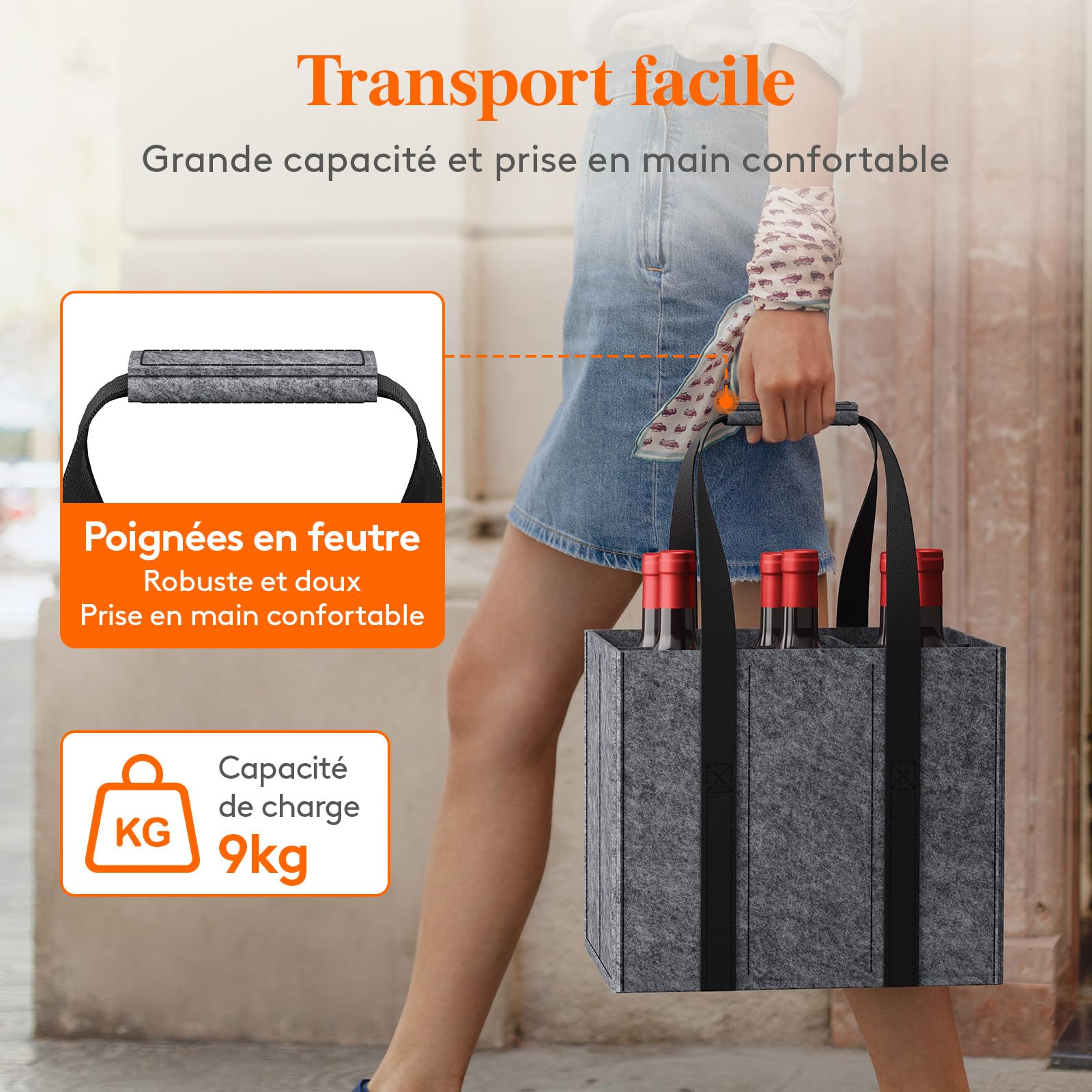 Lifewit Sac Bouteille en Feutre Robuste, Porte Bouteille pour 6 Bouteilles de 1,5 L, 30 x 20 x 26 cm