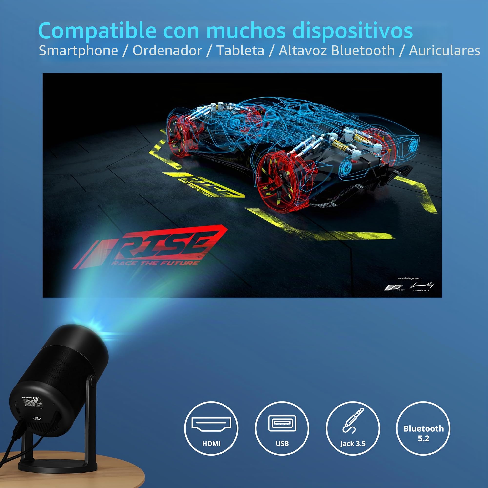 Metronic 475350 – Proyector Portátil WiFi Bluetooth | 3000 LM | Full HD Compatible | Pantalla hasta 150" | Corrección Trapezoidal Automática | Altavoz | Incluye Pantalla 60" y Mando | Negro
