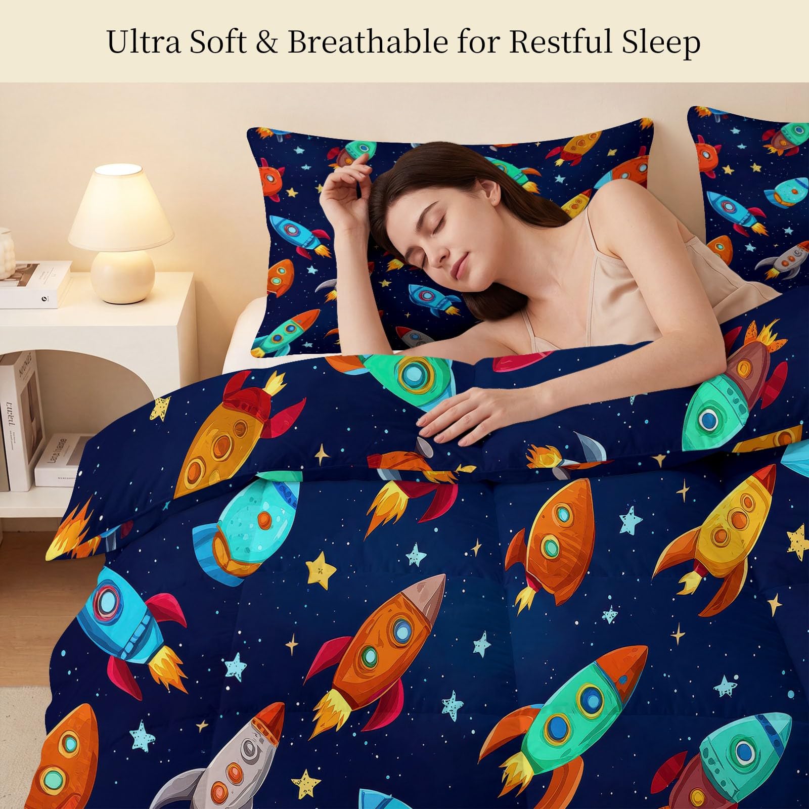 Edredón reversible suave sin funda de 135 x 200 cm, color azul, colorido, con dibujos animados, ligero y transpirable, diseño de nave espacial con estrellas, suave y ligero, lavable, para todo el año