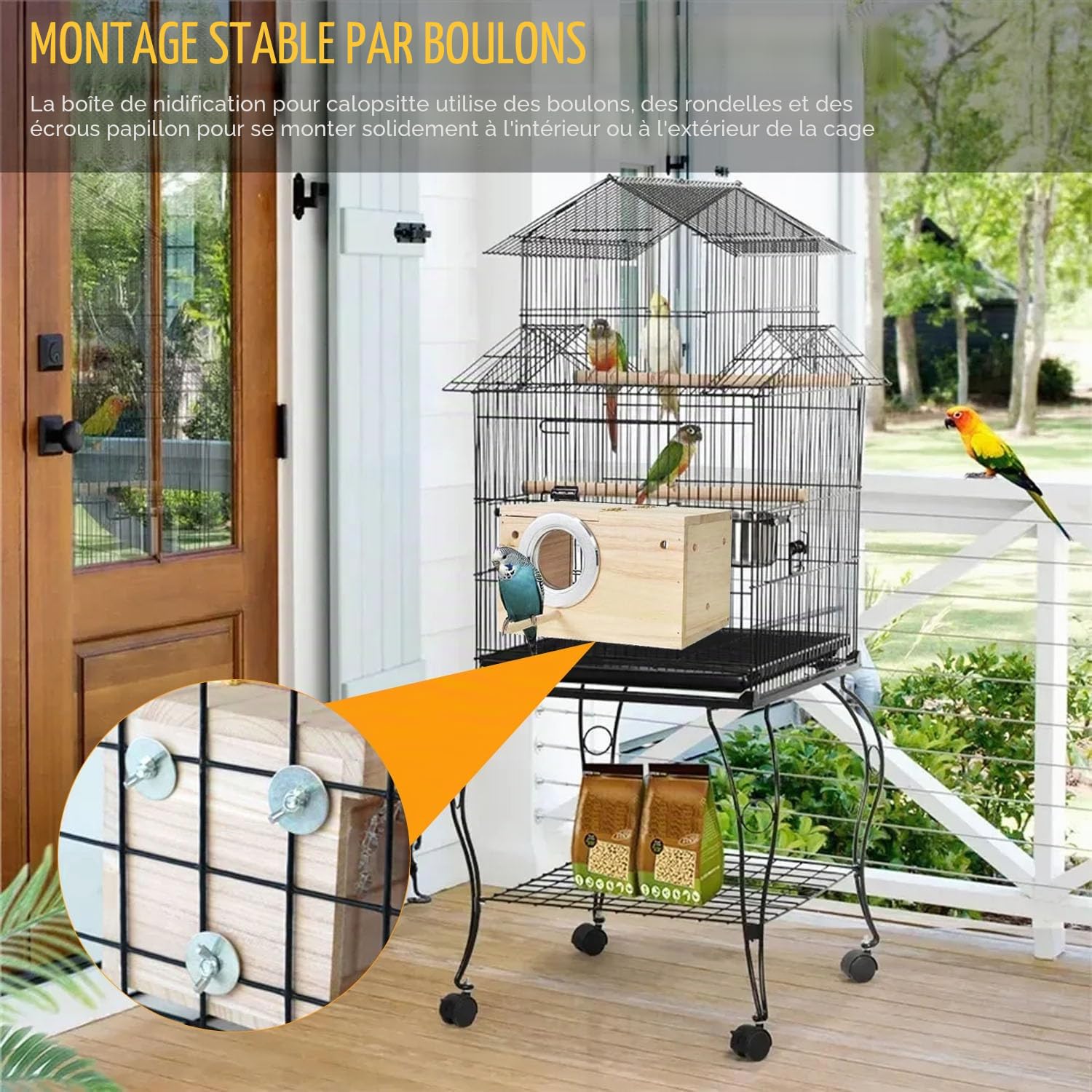 1 PCS Nichoirs en Bois Naturel, Transparent Nid Perruche Ondulée avec 2 PCS Jouet Perruche(Balançoire/Échelle) pour Pinsons, Perruches(19.5x12x12 cm)