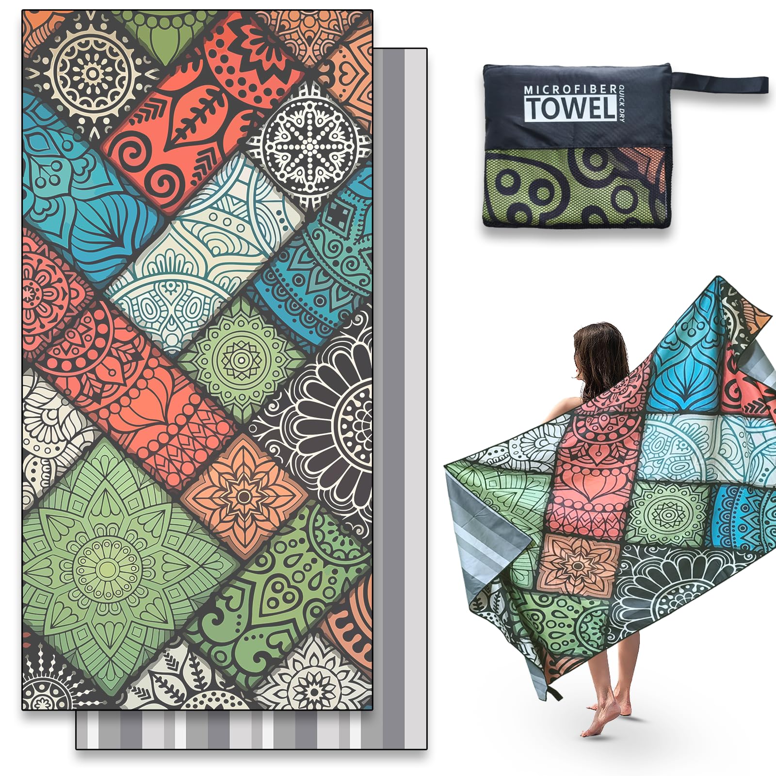 Anavasi Microfibre Beach Towels for Adults - 1 Pack 180 x 90 cm with Net Bag, Double Side Print, Quick Dry, Lightweight, Sand Free, Extra Large 100% Recycled Towel for The Beach (Mandala Squares)