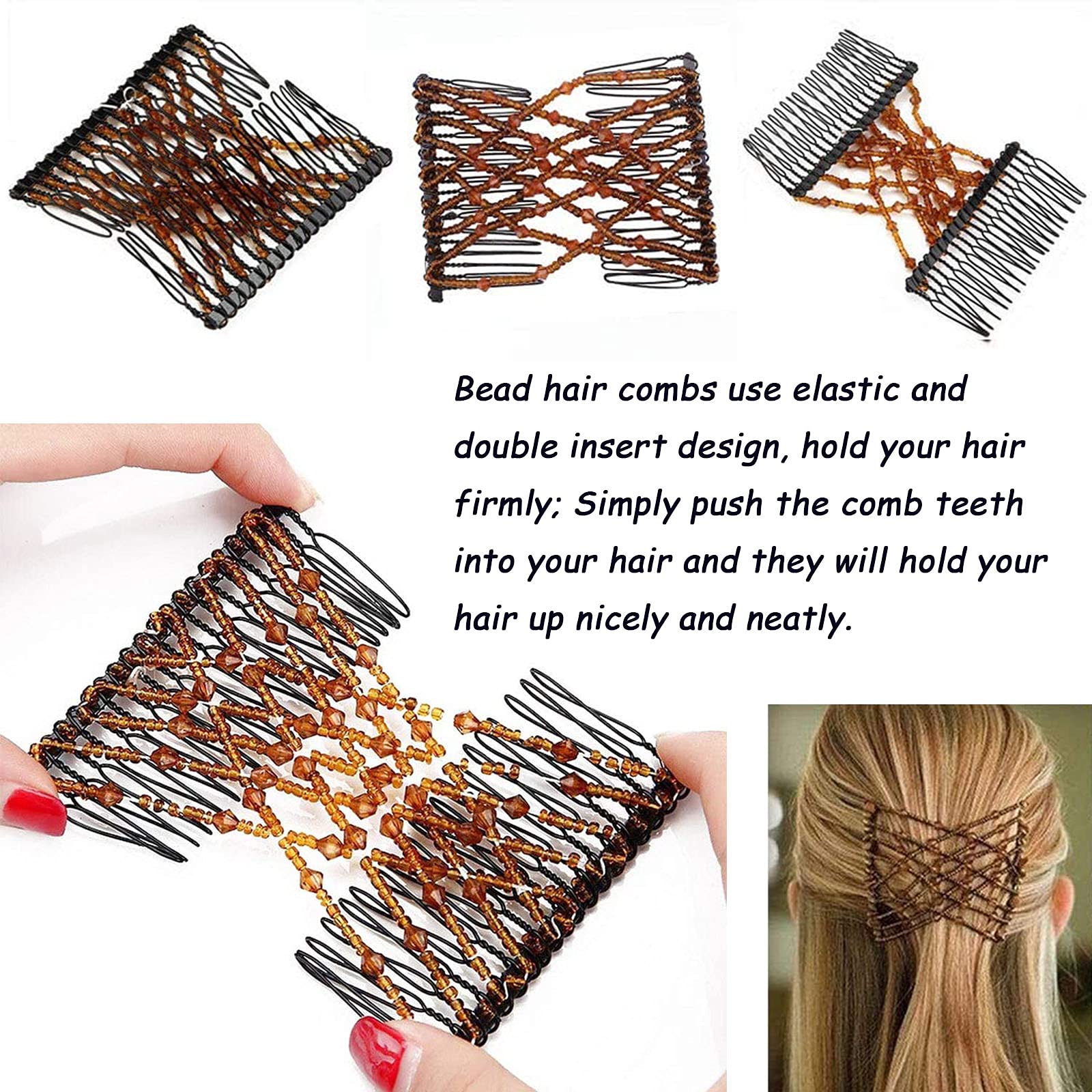5 Pièces Pince à Cheveux Extensible Magique, Peignes de Cheveux Extensible Double Clips, Noir Peignes de Cheveux Perles et Élastiques, Pince à Cheveux Magiques et Élégants pour Cheveux Longs Bouclés