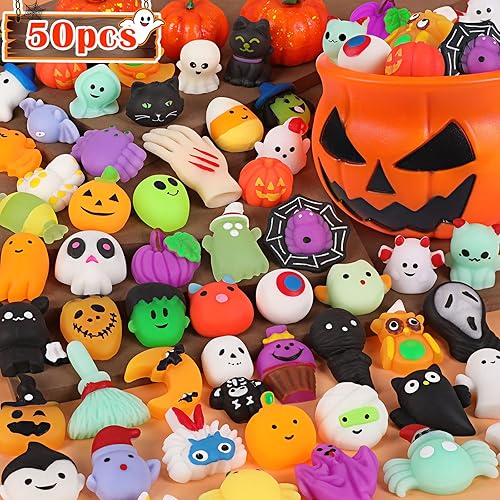 50PCS Halloween Mochi Squishy Toys with Halloween Pumpkin Bucket Halloween Party Favors Trick or Treat Goodie Bag Filler Halloween Decorations Kawaii Squishy Halloween Toys Gifts for Boy Girl Random - Halloween