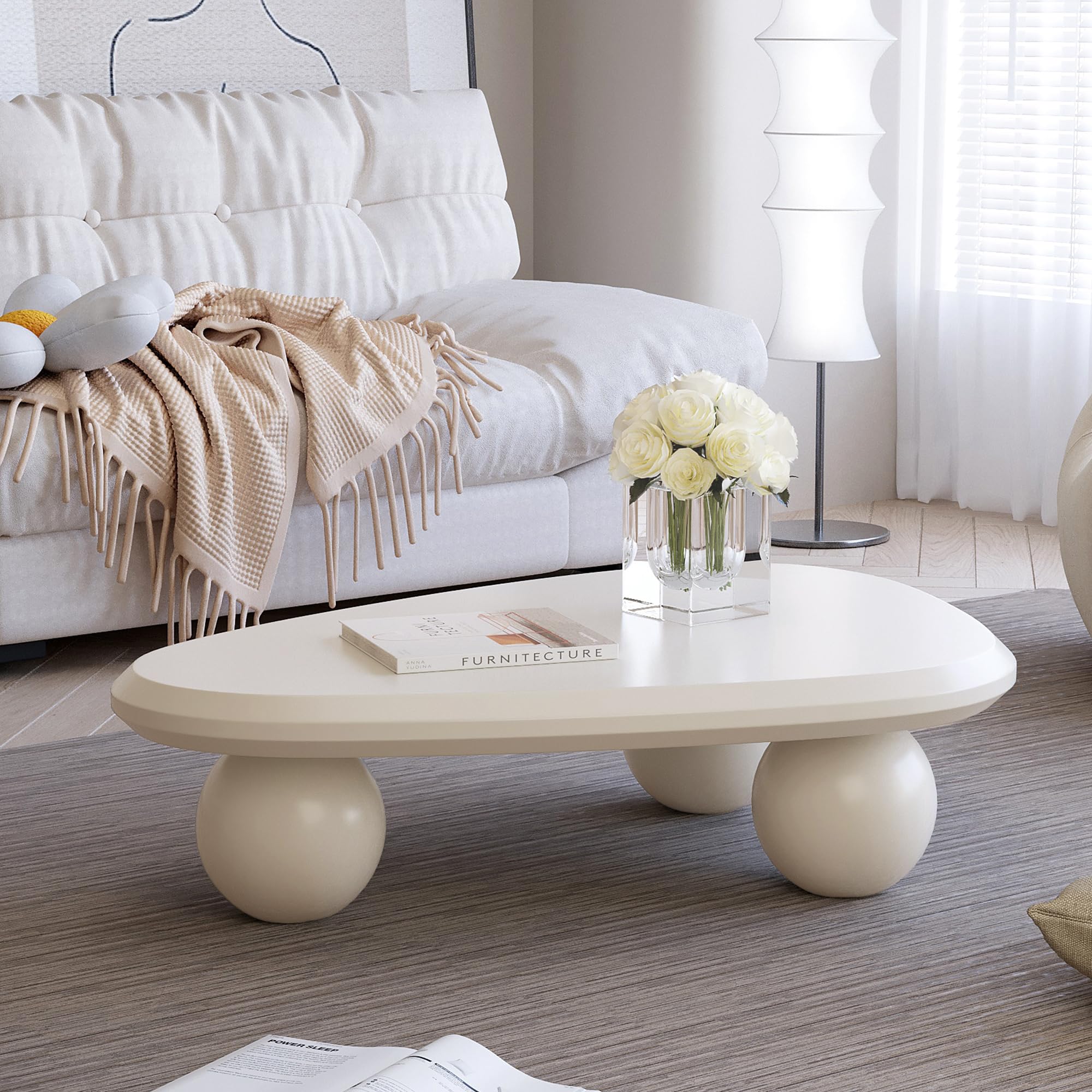 KATBOC Cloud Coffee Table Modern Irregular Coffee Table with 3 Round Legs Unique End Table for Apartment, Living Room(White, 39.4 Inch)