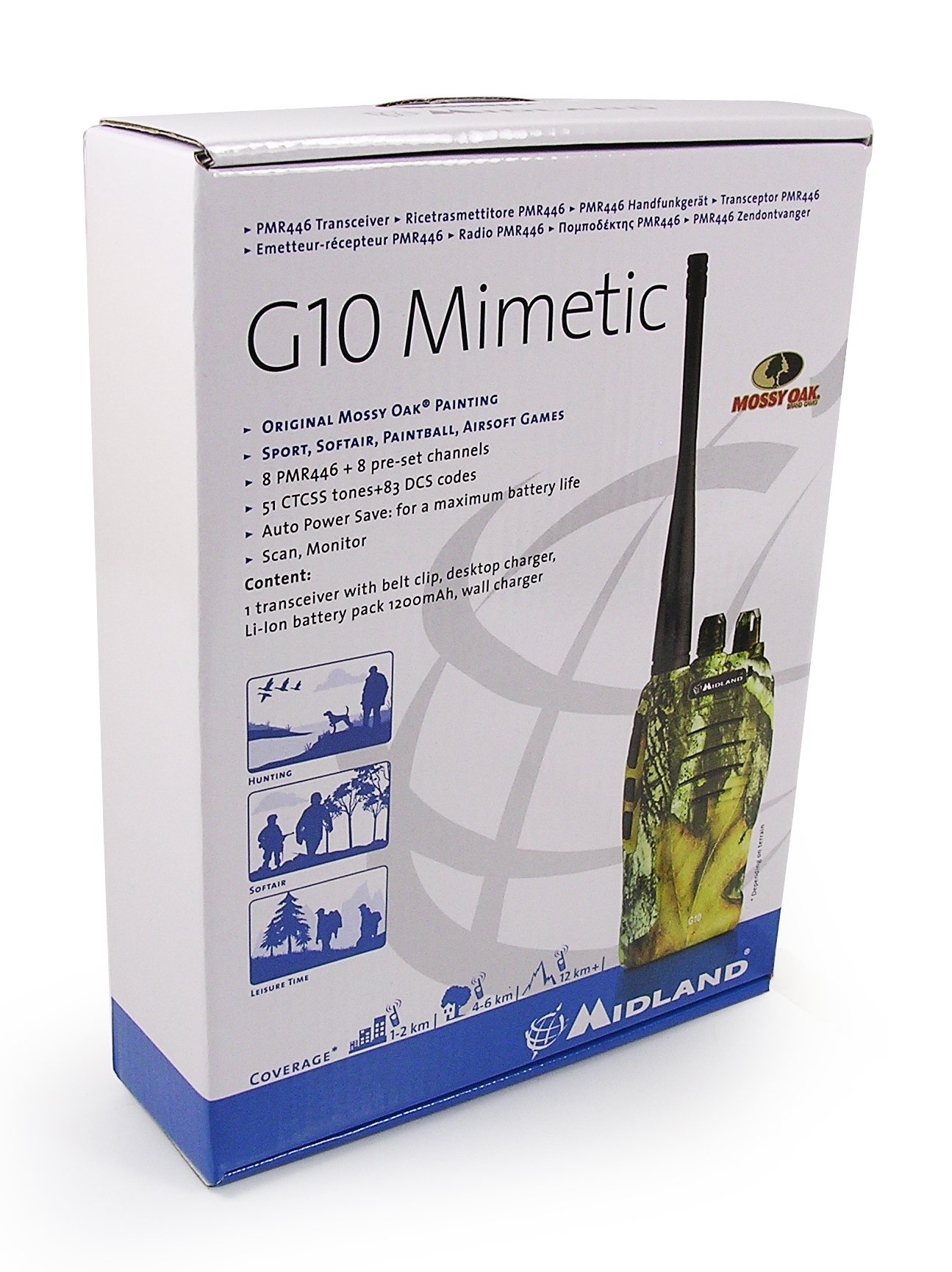 Midland G10 Radio Ricetrasmittente Walkie Talkie con Banda PMR446 - 1 Ricetrasmettitore, Caricabatterie da Tavolo, Adattatore da Muro, Pacco Batteria Ricaricabile e Aggancio Cintura