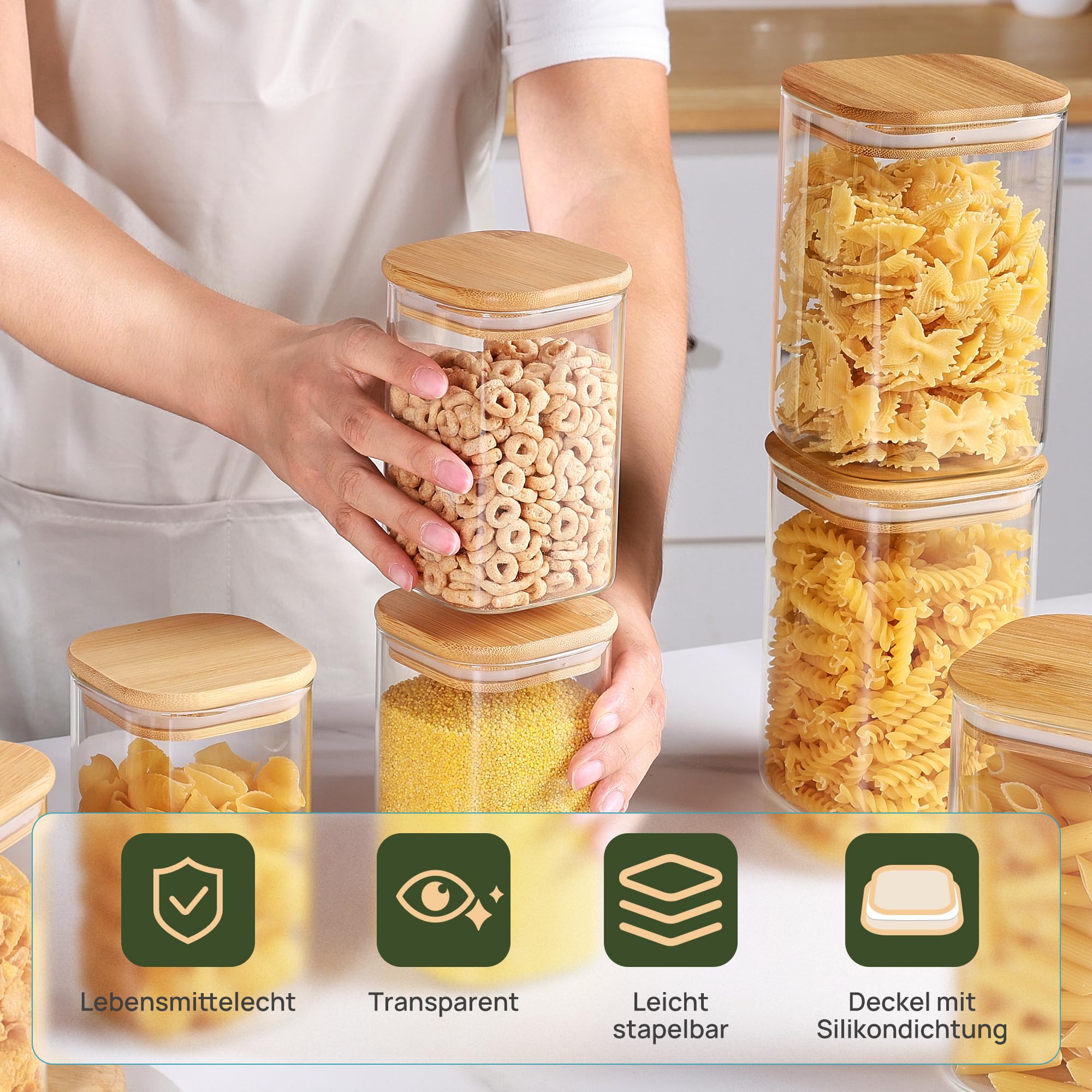 Vtopmart 12er Set Vorratsgläser Mit Deckel, 2 Größen : 1200ml x 6, 600ml x 6, Vorratsdosen Glas Mit Deckel, Vorratsglas Mit Holzdeckel zur Spaghetti Aufbewahrung