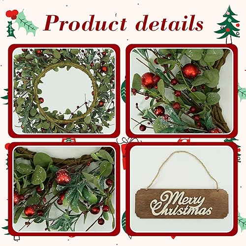 Miniatura 5 de YNYLCHMX Corona de Navidad de 20 pulgadas para puerta delantera, corona de puerta artificial con letrero de bienvenida, hojas de eucalipto, bayas