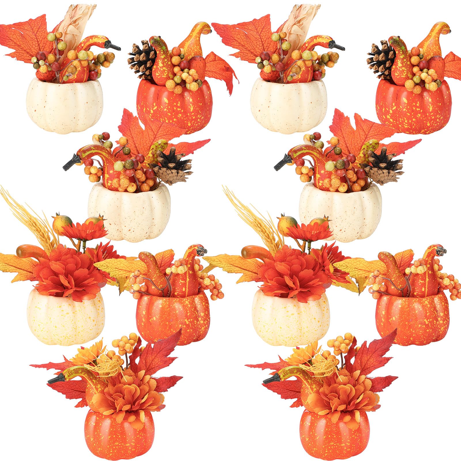 Set of 12 Thanksgiving Fall Fake Pumpkin Centerpiece for Table with Flowers Maple Leaves Berries Pine Cone Artificial Foam Pumpkin Mini Faux Fake Pumpkins for Fall Harvest Tabletop Home Decoration