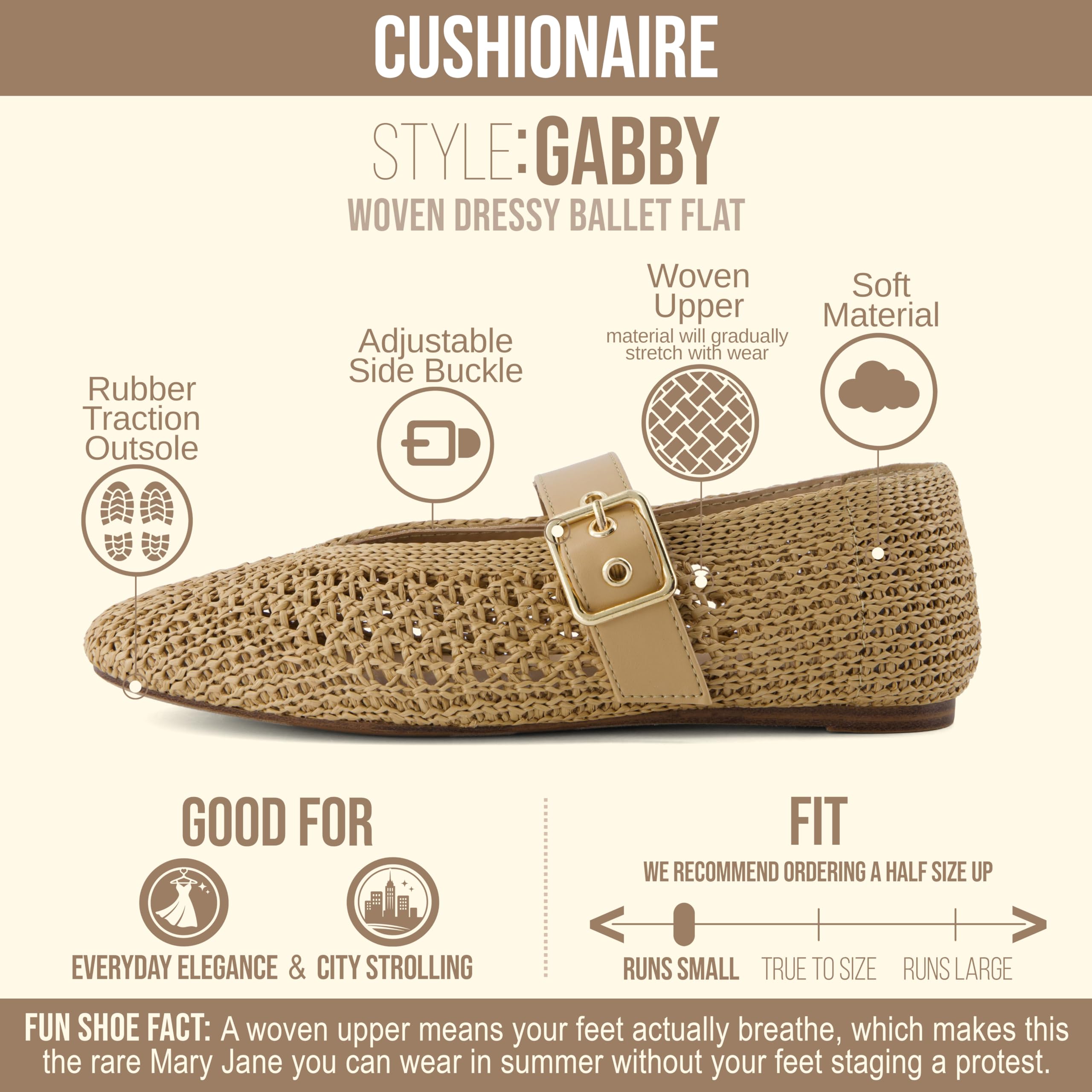 CUSHIONAIRE Gabby Woven Mary Jane Ballet Flats for Women, Comfortable Dressy Flat Shoes with Adjustable Gold-Tone Buckle and Memory Foam Cushioning — view 4