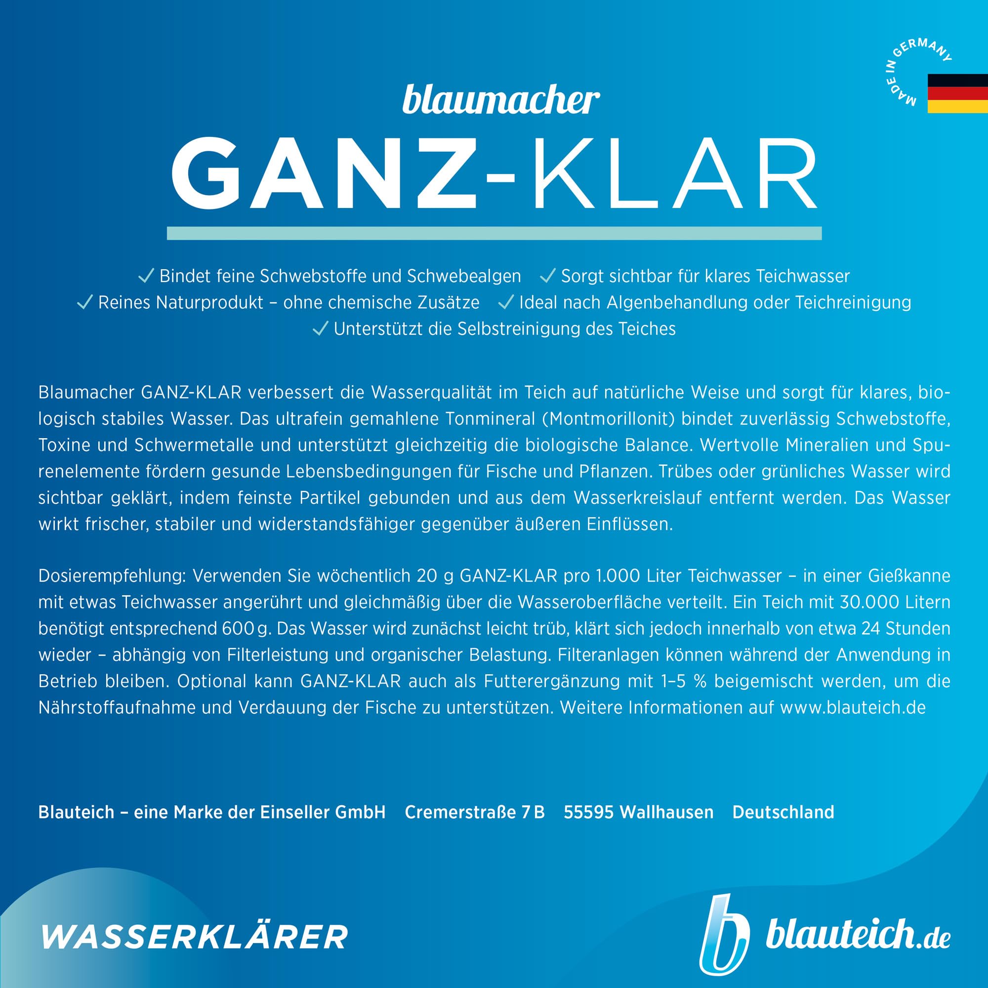 blaumacher GANZ-KLAR – Flockungsmittel & Teichklar-Unterstützung für Teiche, hilft bei Schwebealgen, verbessert Wasserqualität – für Teiche mit Filterbetrieb (2 kg)