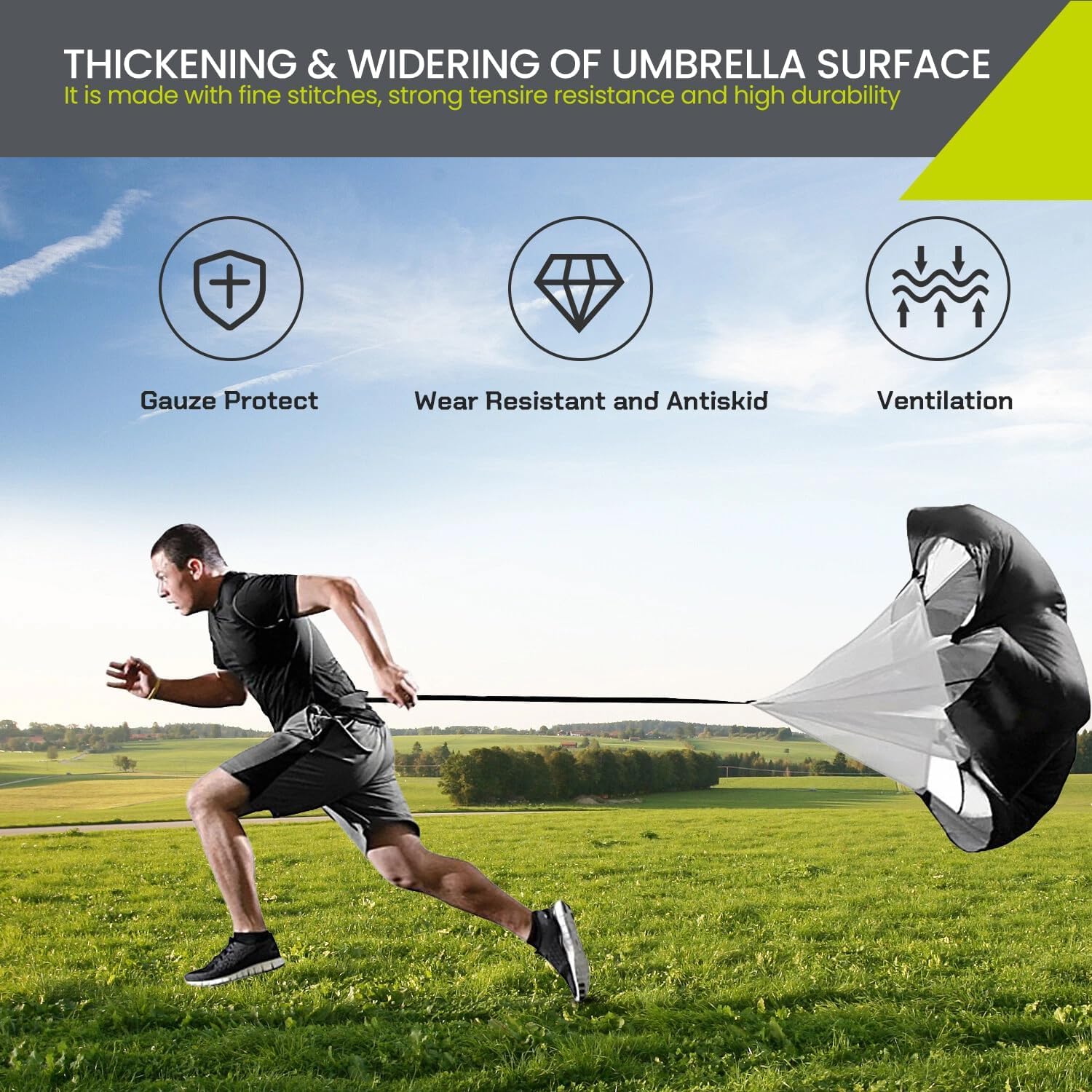SLG 56” x 56” Sprint Training Speed Chute | Speed & Agility Resistance Parachute for Explosive Acceleration, Power & Endurance Workouts | Black Nylon (Pack of 1) 2