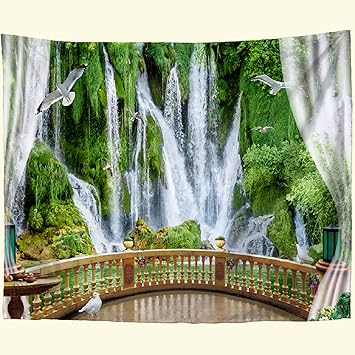 Amazon Co Jp 東宝 タペストリー 白滝 ベランダ 自然景色 緑 山中リゾートホテル バルコニー 横幅150cm 縦幅100cm オシャレ 厚手 布ポスター 多機能 ポスター インテリア 落ち着く プレゼント サプライズ クラシック 背景 気分 インテリア 壁掛け 壁飾り 暖簾