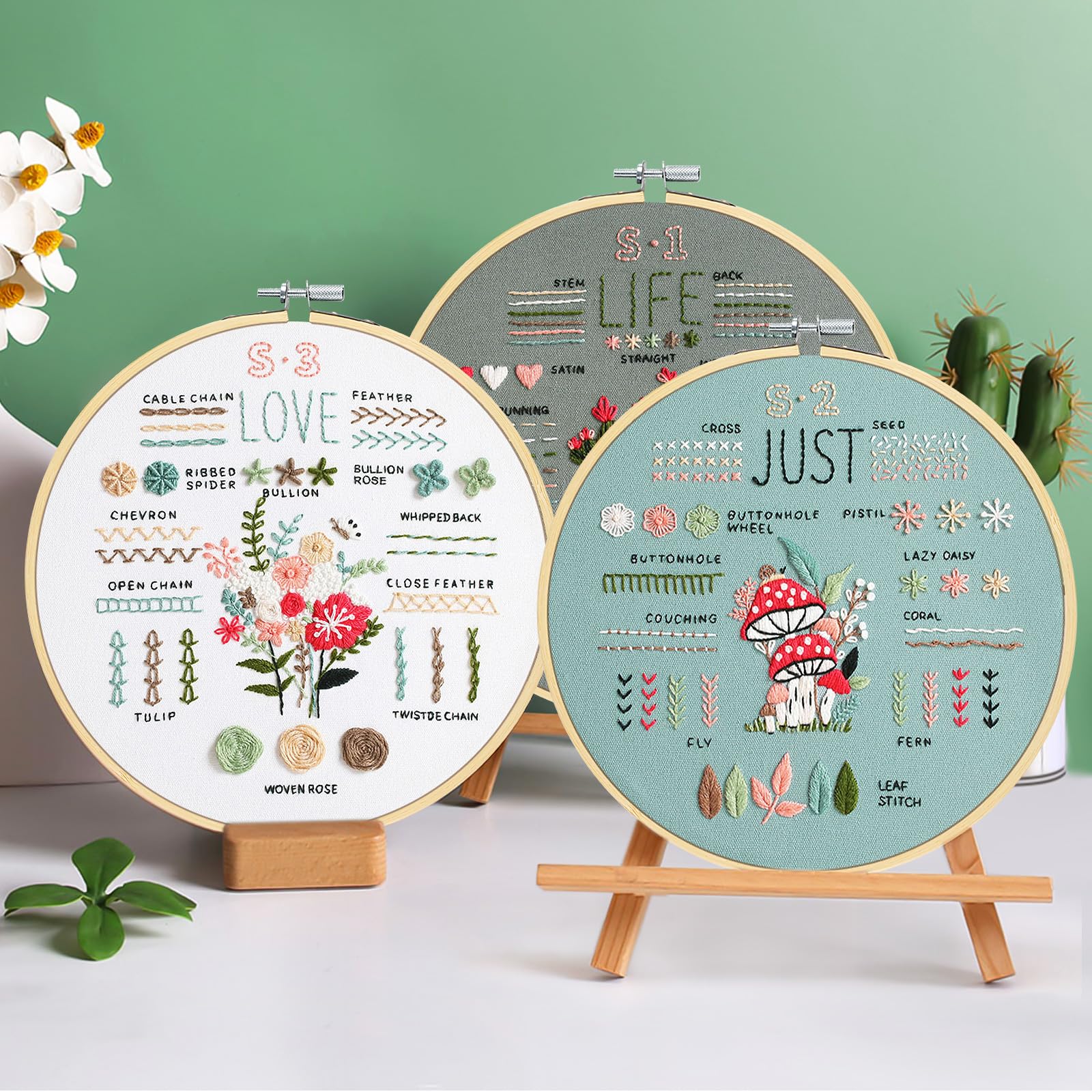 3 Sets Embroidery Kit for Beginners to Learn 36 Basic Embroidery Stitches Practice Kit,Hand Embroidery Cross Stitch Kits for Beginners with Embroidery Patterns, Hoop,Threads,Tools