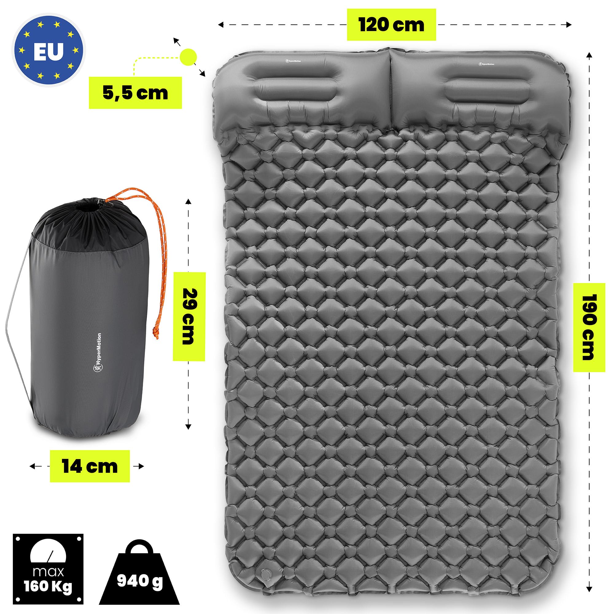 HyperMotion Campmat 2 Isomatte für 2 Personen 190x120 cm, Grau | 940 g Gewicht, zwei integrierte Kopfkissen, großes Liegeformat für gemeinsame Outdoor-Abenteuer