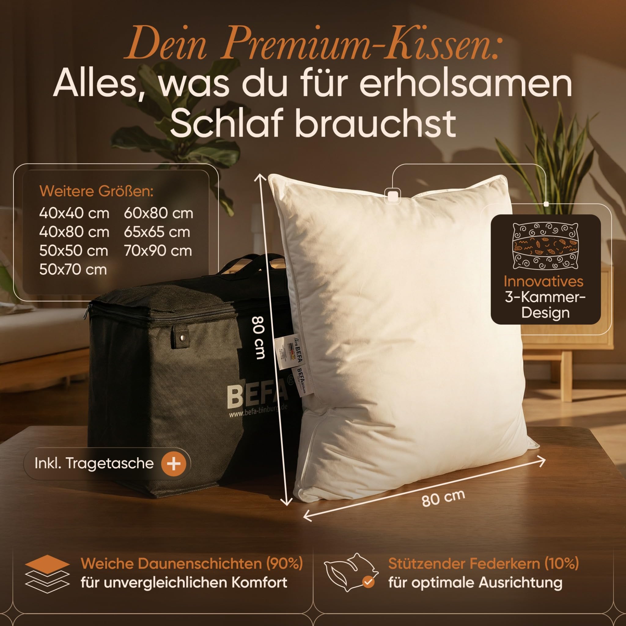 BEFA NATUR Daunenkissen 80x80 cm | 3-Kammer Kopfkissen | 90% Daunen & 10% Federkissen | 1400g Füllgewicht |Allergiker geeignet (NOMITE) | Tierwohl (DOWNPASS) | Oeko-TEX Klasse 1 | Made in Germany