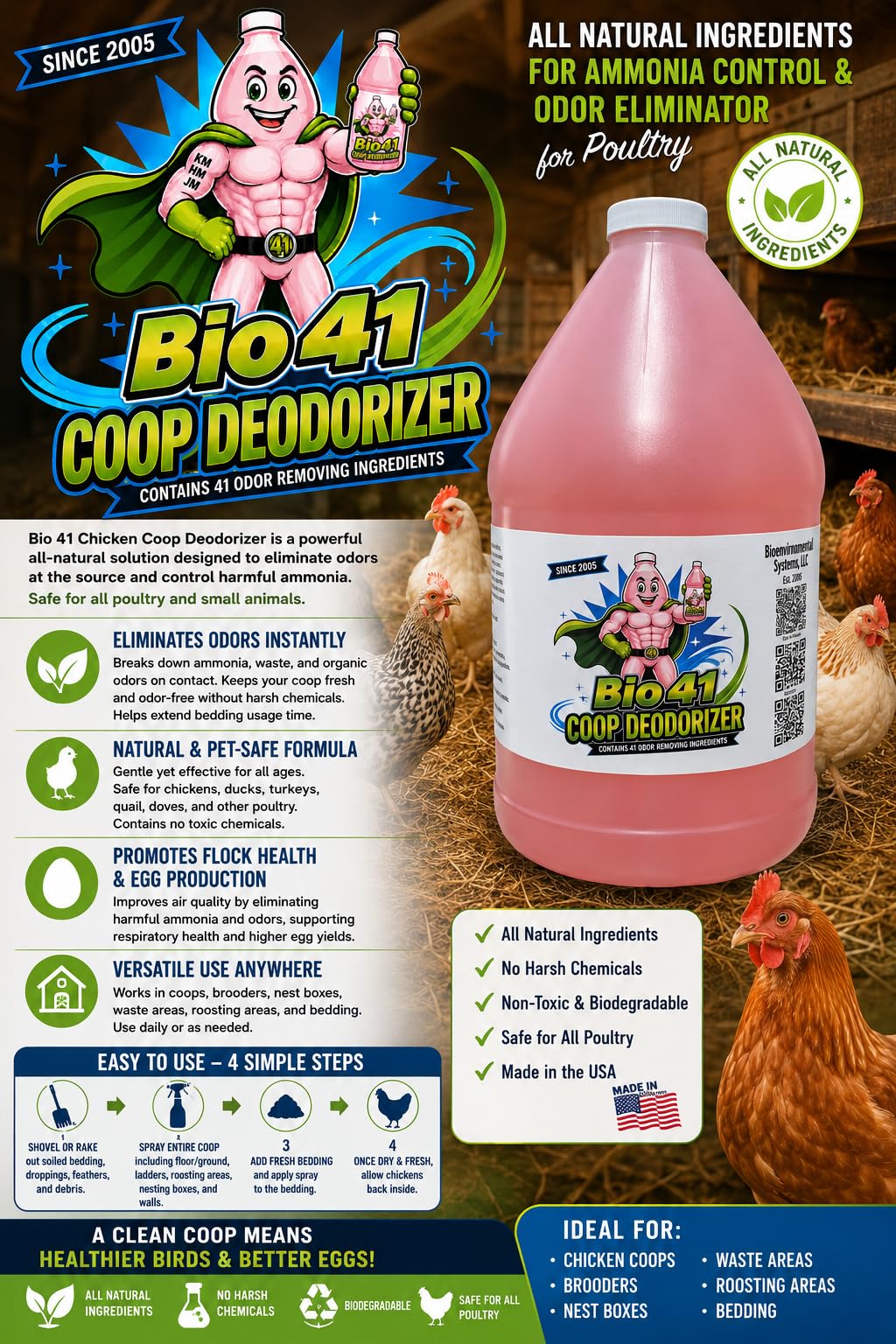 Desodorante de gallinero, todos los ingredientes naturales para el control de amoníaco y eliminador de olores para aves de corral, funciona en cocineros, criadoras, cajas siguientes, áreas de desechos