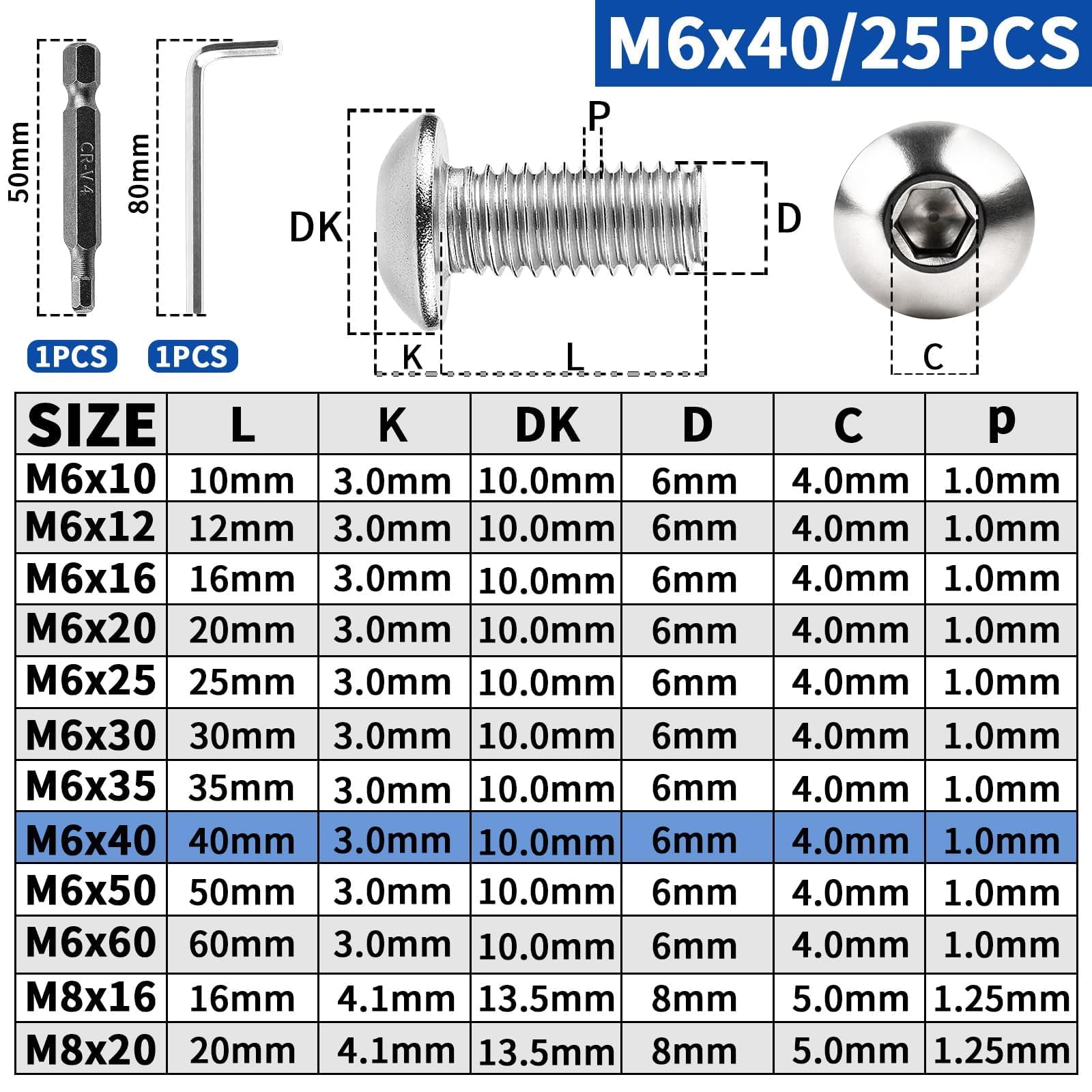 XRXYMQ M6 Bolts 25 Pcs Bolt M6 x 40 mm Hex Socket Button Head Screws Stainless Steel Bolts A2 Machine Screw for Home Furniture Wood Assembly Repair Industrial Electronic - Image 2