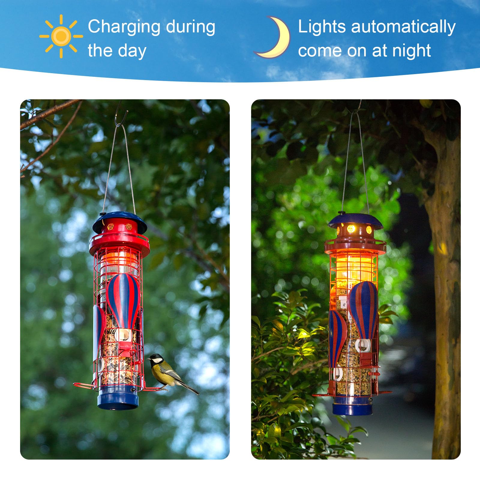 Beserie Comedero solar para pájaros para colgar al aire libre, a prueba de ardillas, comedero de metal impermeable para pájaros silvestres, comederos de cardenales, regalos para amantes de los