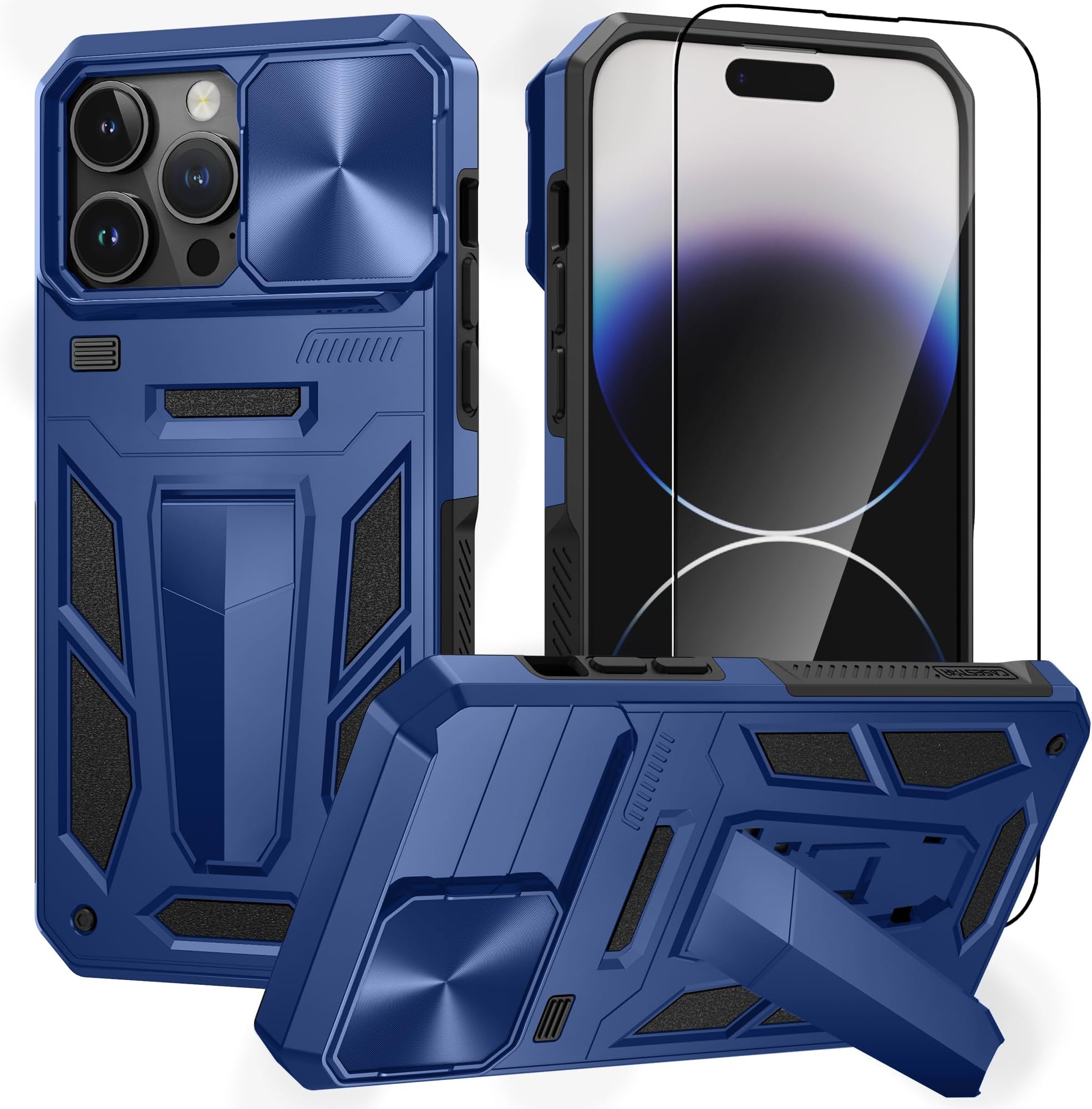 CASESTAR Military Armor Series Case For iPhone 13 Pro Max，Build-in Kickstand & Camera Protection Sliding Cover With Screen Protector - (Metallic Blue)