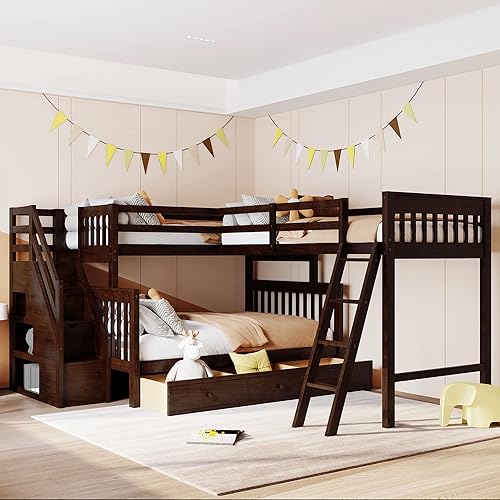 L Shaped Bunk Beds for 3, Triple Bunk Bed with Stairs and 3 Storage Drawers, Twin Over Full Bunk Bed with Twin Size Loft Bed attached, Wooden Bunk Bed Frame for Kids Teens Girls Boys - Espresso