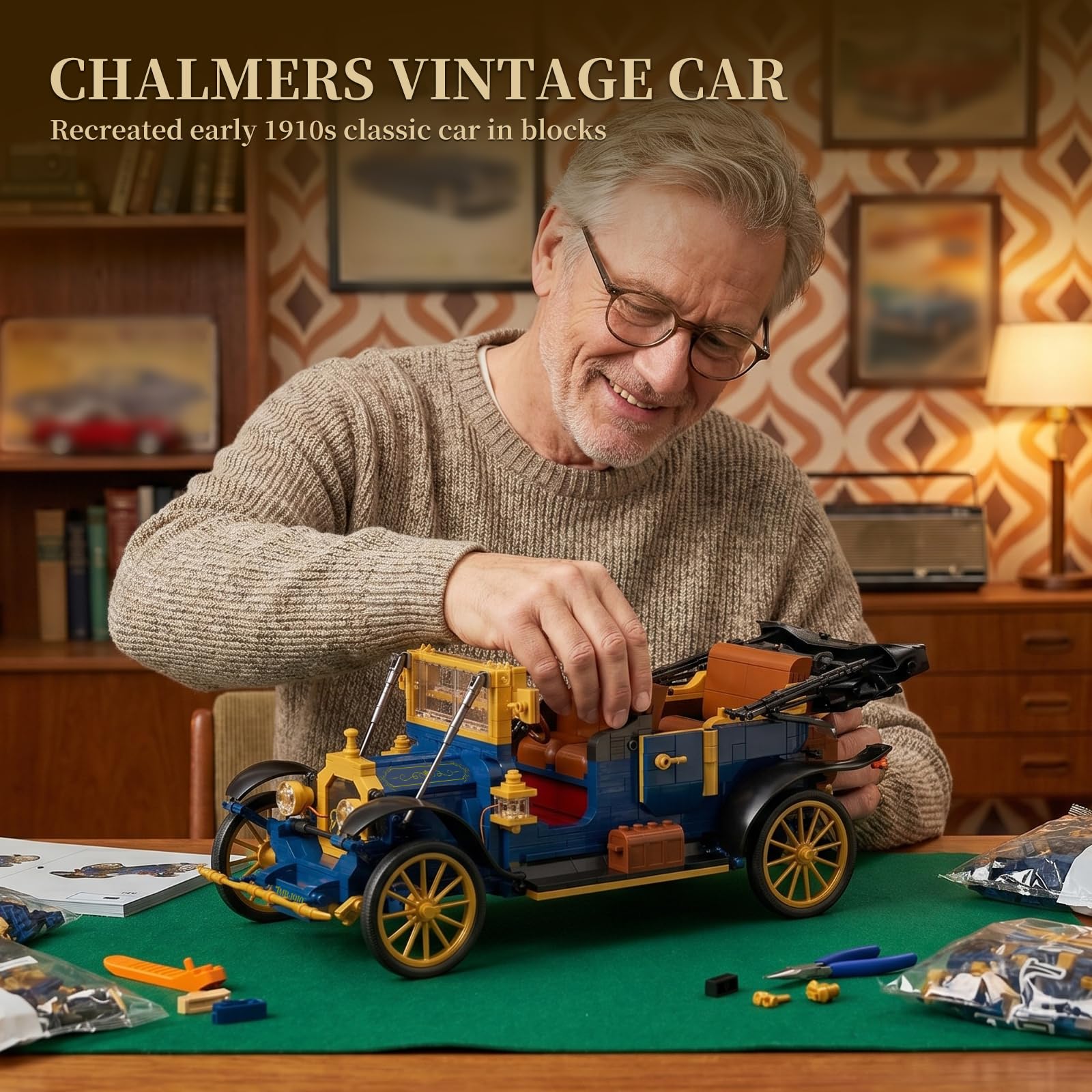 JMBricklayer Maquetas de Coches Antiguos con Luces para Adultos, Techo Plegable de Piel Sintética, 50003 Juguete de Construcción Regalo para Fans de Autos Clásicos