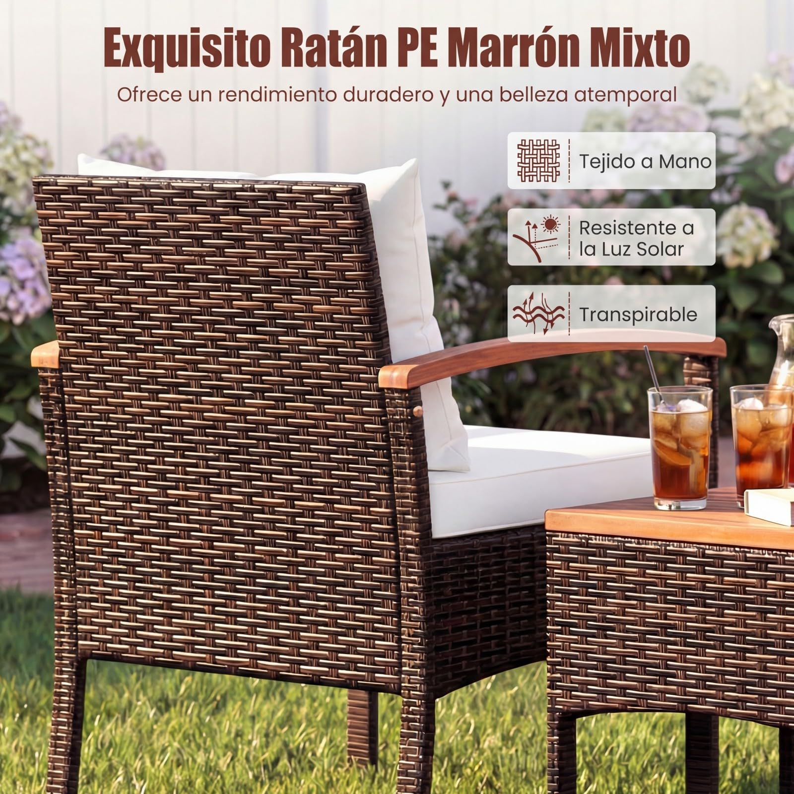 COSTWAY Conjunto Terraza 3 Piezas, Conjunto de Muebles Ratán de jardín, Mesa de Café, 2 Sillas de Ratón con Cojín Desmontable y Respaldo, Madera de Acacia para Patio, Piscina, Balcón (Blanco)