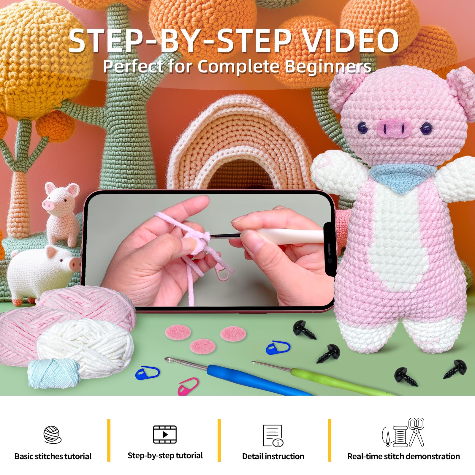 Y-times Crochet Kit for Beginners,DIY Pink Pig Crochet Kit,Learn to Crochet for Adults Kids,Cute Sheep Knitting Kit Supplies,Accessories Including Yarn Hook -with Step-by-Step Video Tutorials
