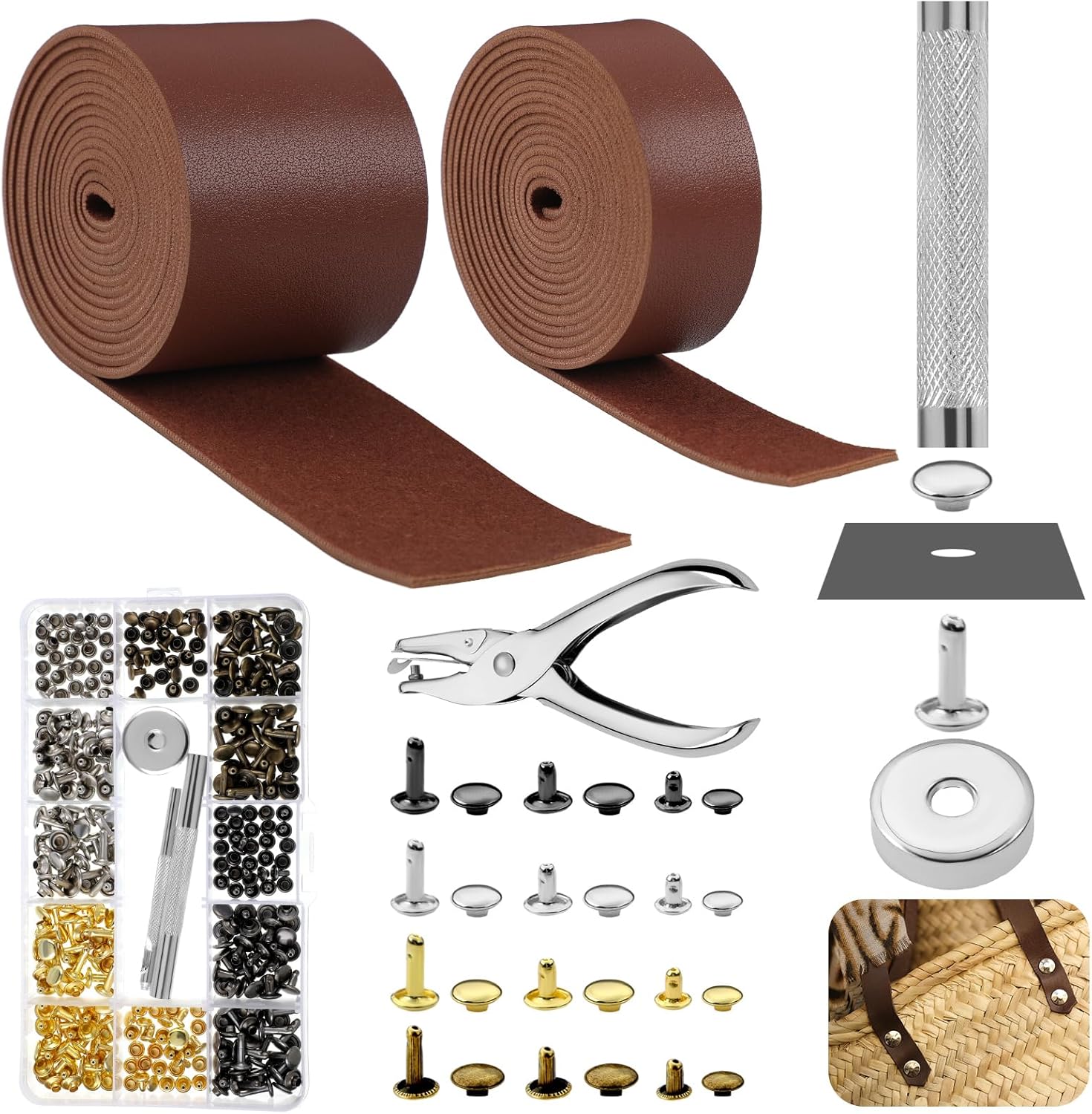 SilTriangle 363 Pcs Leather for Crafts Kit 140 Inches Leather Straps Flat with Wide 360 Rivets and 1 Double Rivet Tubular Setting Tool for DIY Bags Craft Repairs Decoration(Red Brown,1inch 2 Inch)