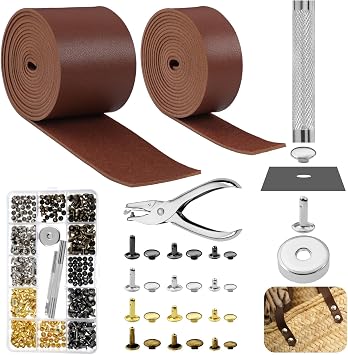 363 Pcs Faux Leather for Crafts Kit 140 Inches Leather Straps Flat with Wide 360 Rivets and 1 Double Rivet Tubular Setting Tool for DIY Bags Craft Repairs DecorationRed Brown,1inch 2 Inch