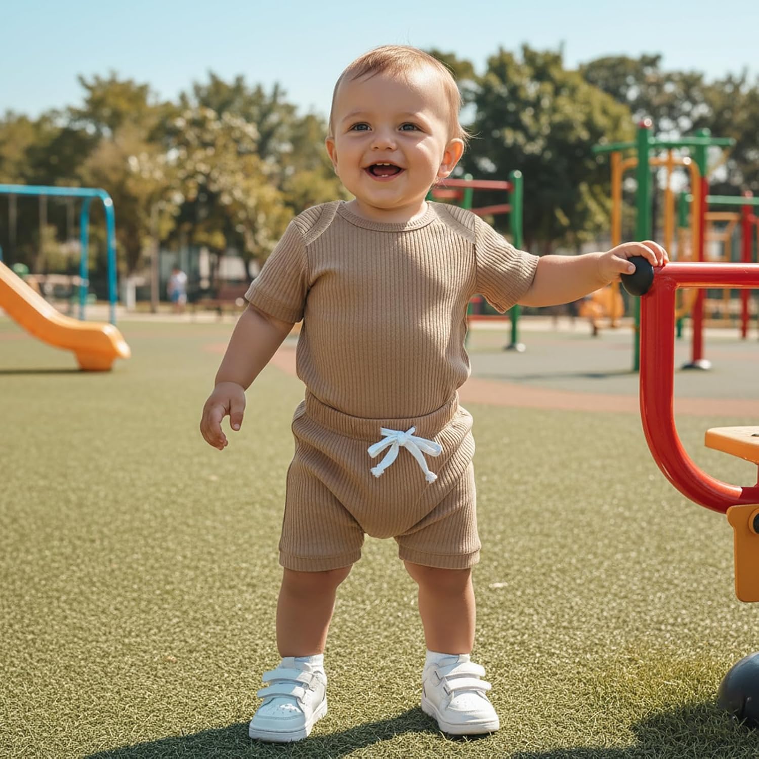 Baby Boy Summer Outfits Solid Short Sleeve Ribbed Romper Shirt Tops Shorts Set Infant Newborn Clothes For Boys - Image 3