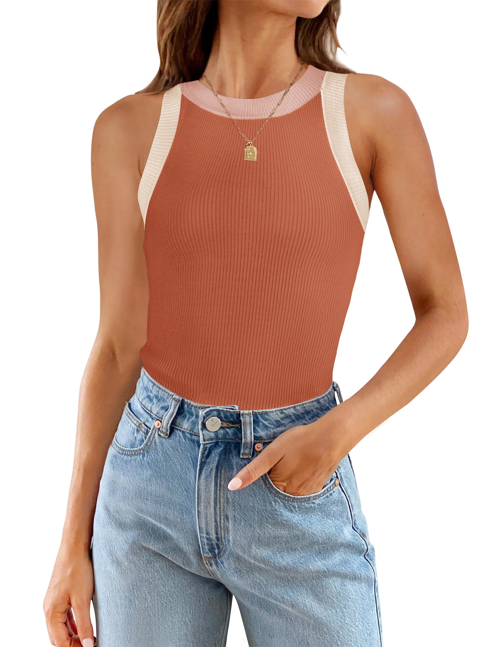 ZESICA Womens Summer Sleeveless Tank Tops Ribbed High Neck Racerback Slim Fitted Color Block Casual Shirts
