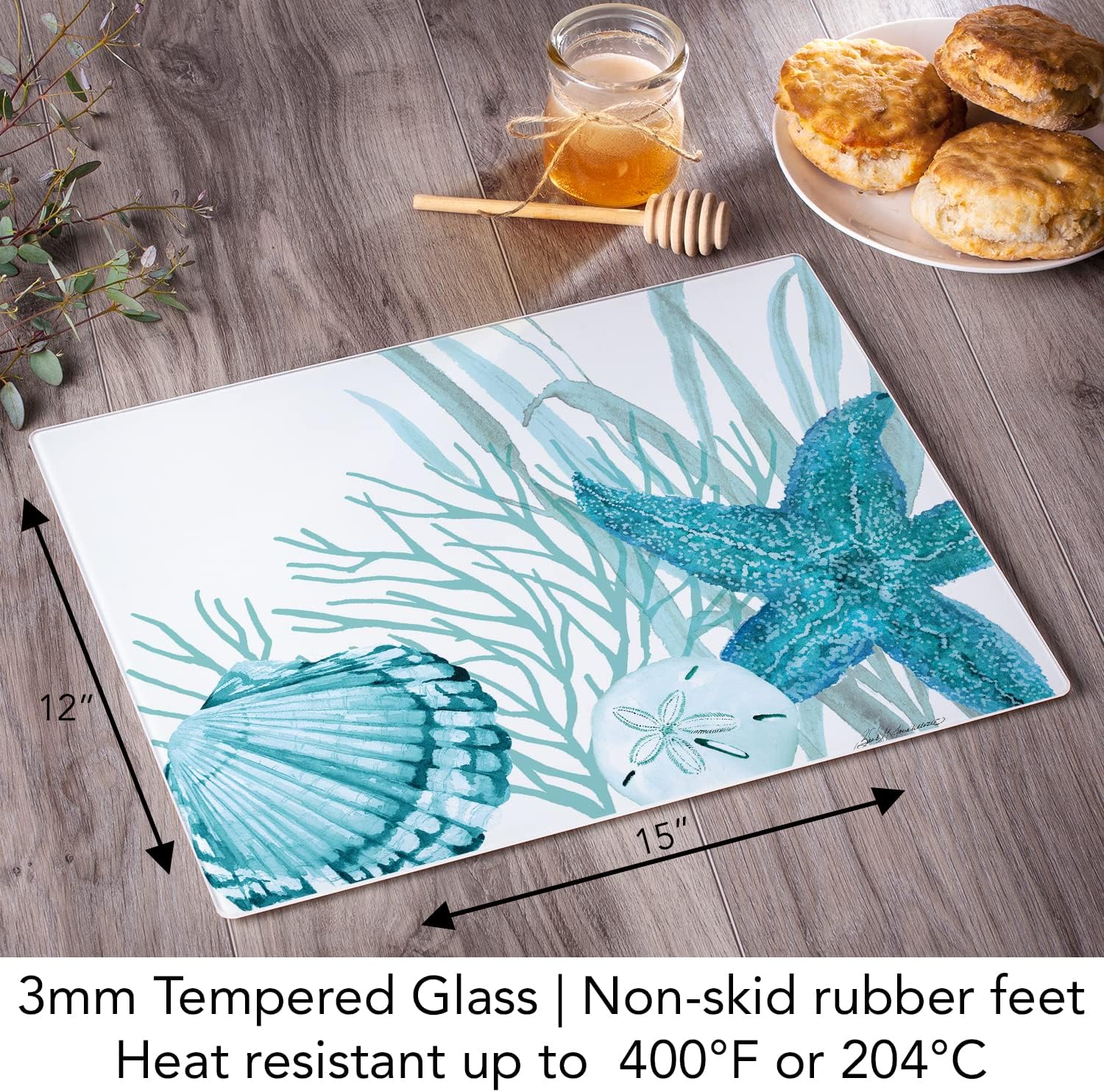 Coastal Coral Life Tempered Glass Cutting Board with Non-Slip Feet