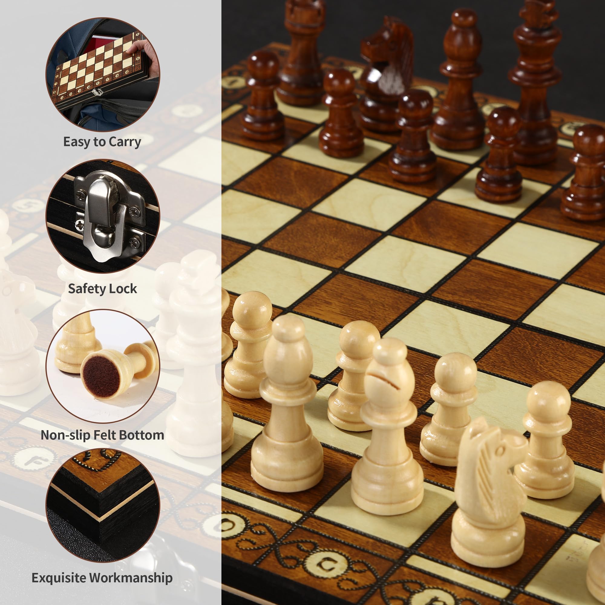 Scacchiera in Legno 3 in 1 - 29x29cm Magnetica e Portatile - Dama Gioco da Tavola per Bambini, Adulti, Feste, Attività Familiari