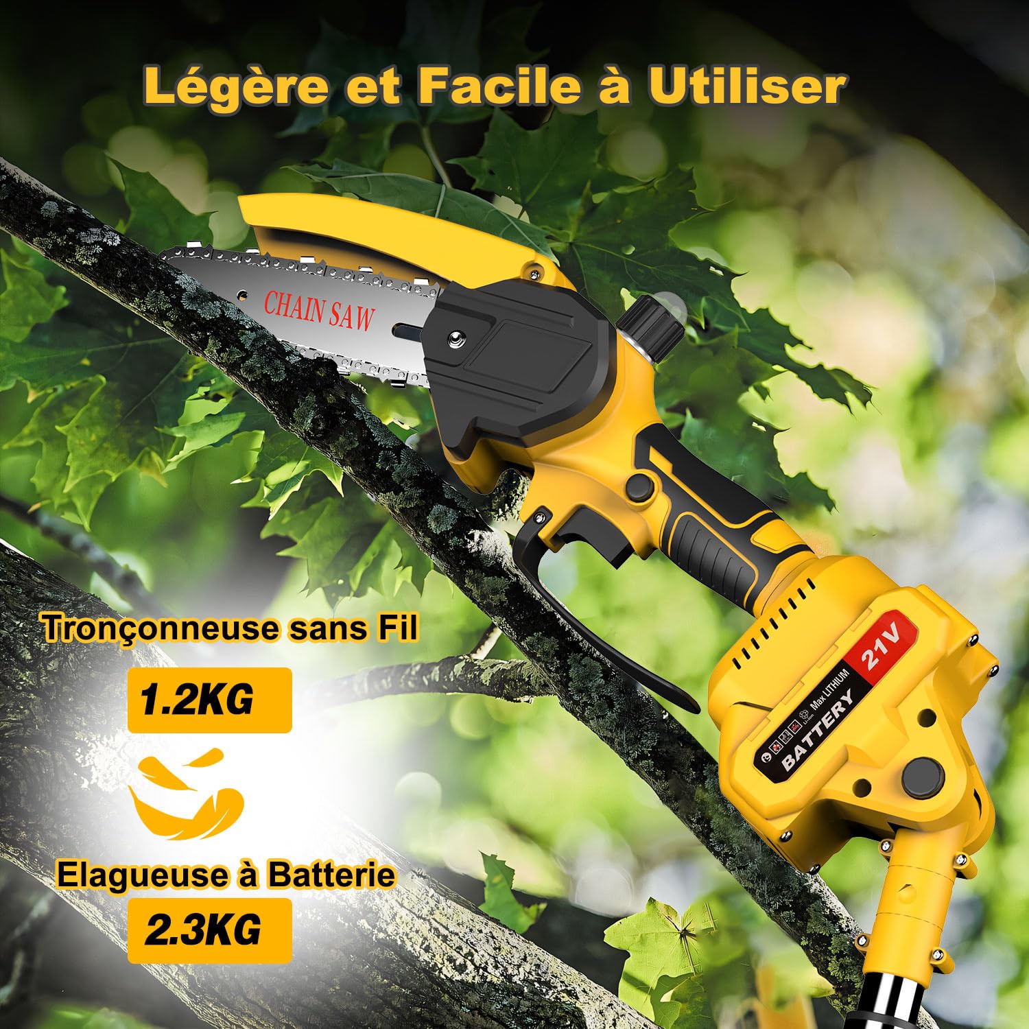 2 EN 1 Tronçonneuse à Batterie Télescopique & Elagueuse sur Perche sans Fil Mini Tronconneuse avec 2 Batteries Coupe Branche Electrique avec Système de Lubrification Tête Pivotante pour Jardin