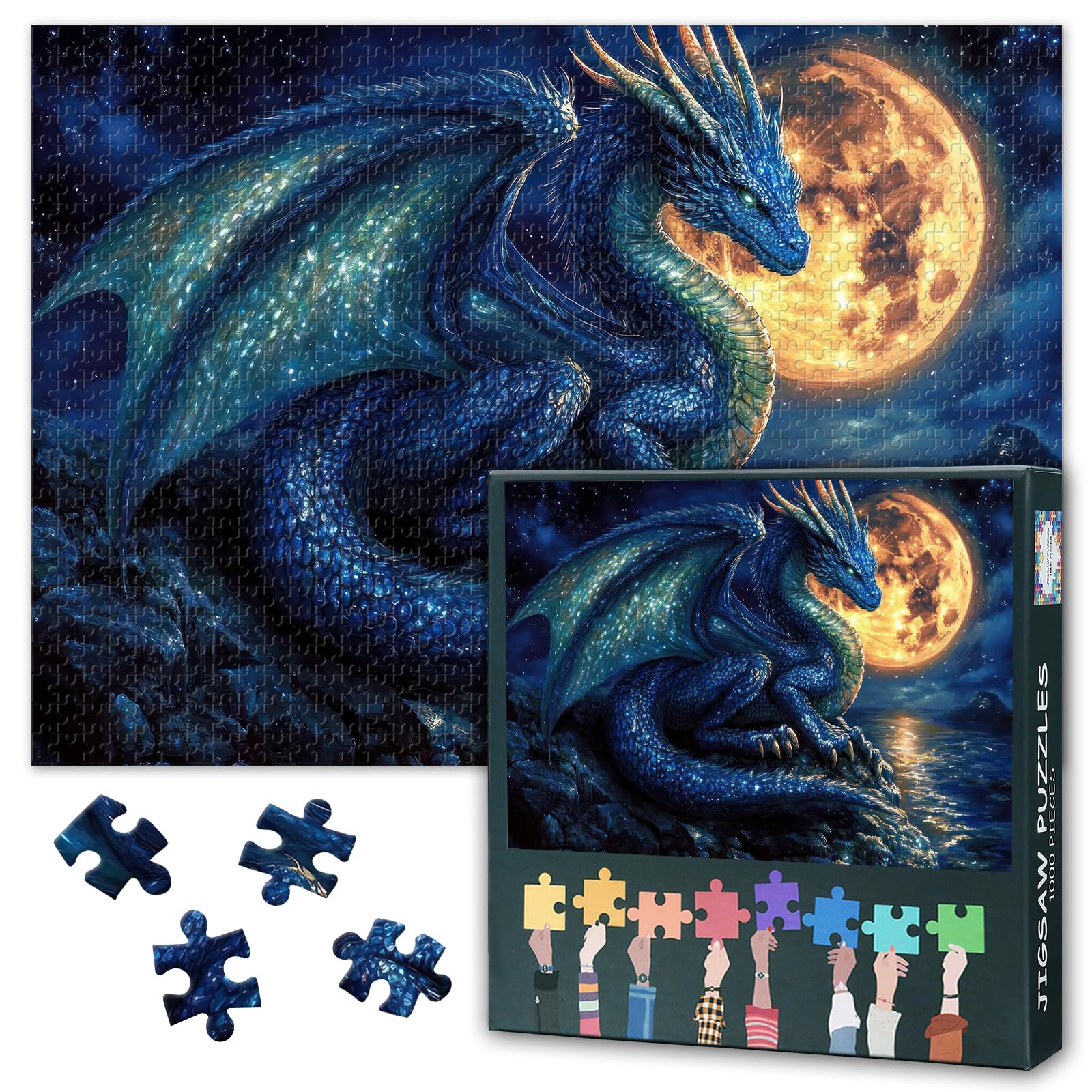 1000 Piece Puzzle for Adults, Blue Dragon and Moon, 70x50cm High-End Jigsaw, Perfect Interlocking Fit, Home Wall Decor After Completion, Creative Gift for Art Enthusiasts, with Poster