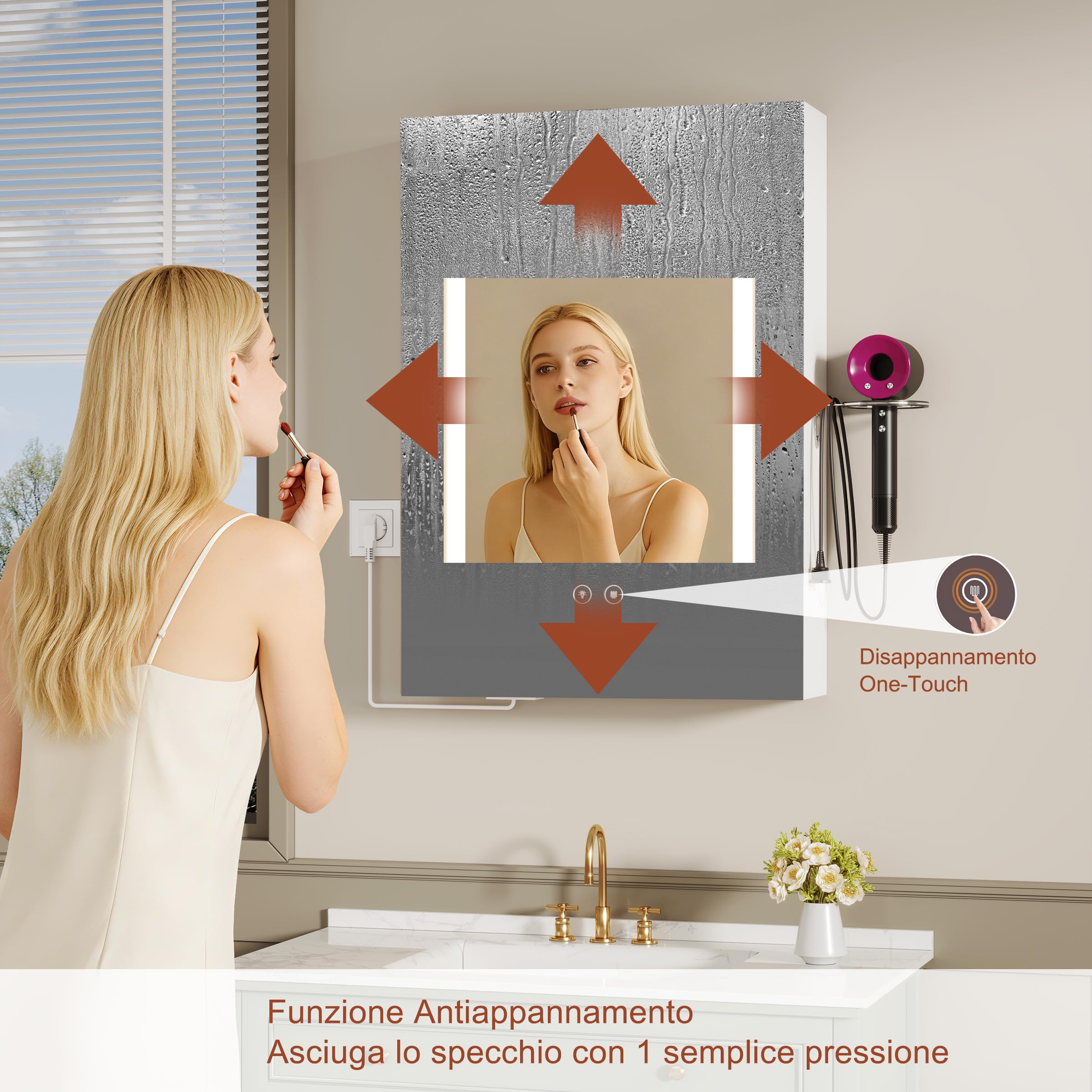 Specchio Bagno Contenitore con 3 Colori Luce e 1 AC/2 USB, Armadio Specchio Bagno con Deumidificazione con 1 Tocco e Funzione di Memoria & con Mensola Regolabile(50x70x15cm,Bianco)