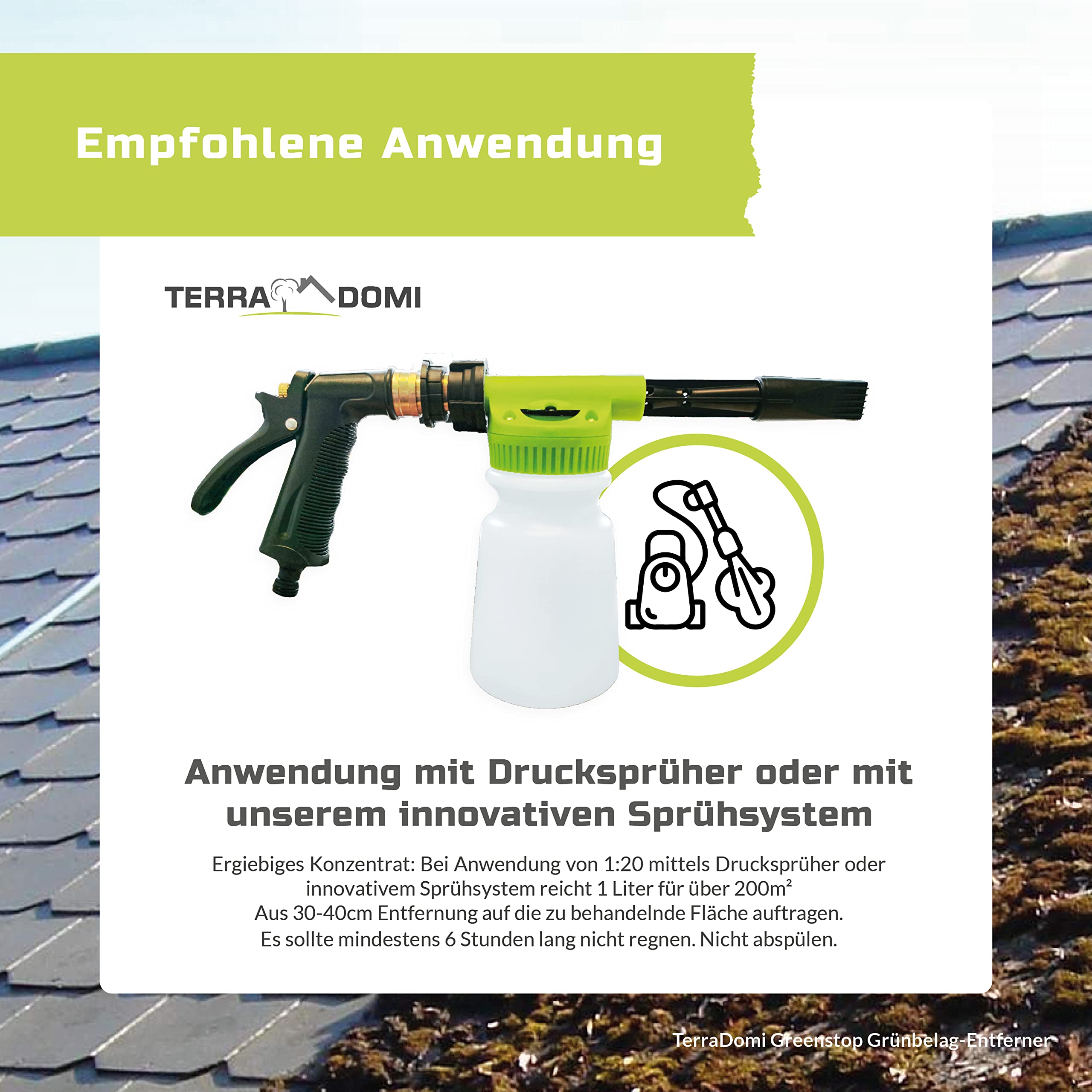 TerraDomi 5 Liter Greenstop für 1500m² I Grünbelagentferner 1:50 Konzentrat gegen Flechten und Algen I Dach- und Steinreiniger I effektiver Fassadenreiniger | A.K.B. …
