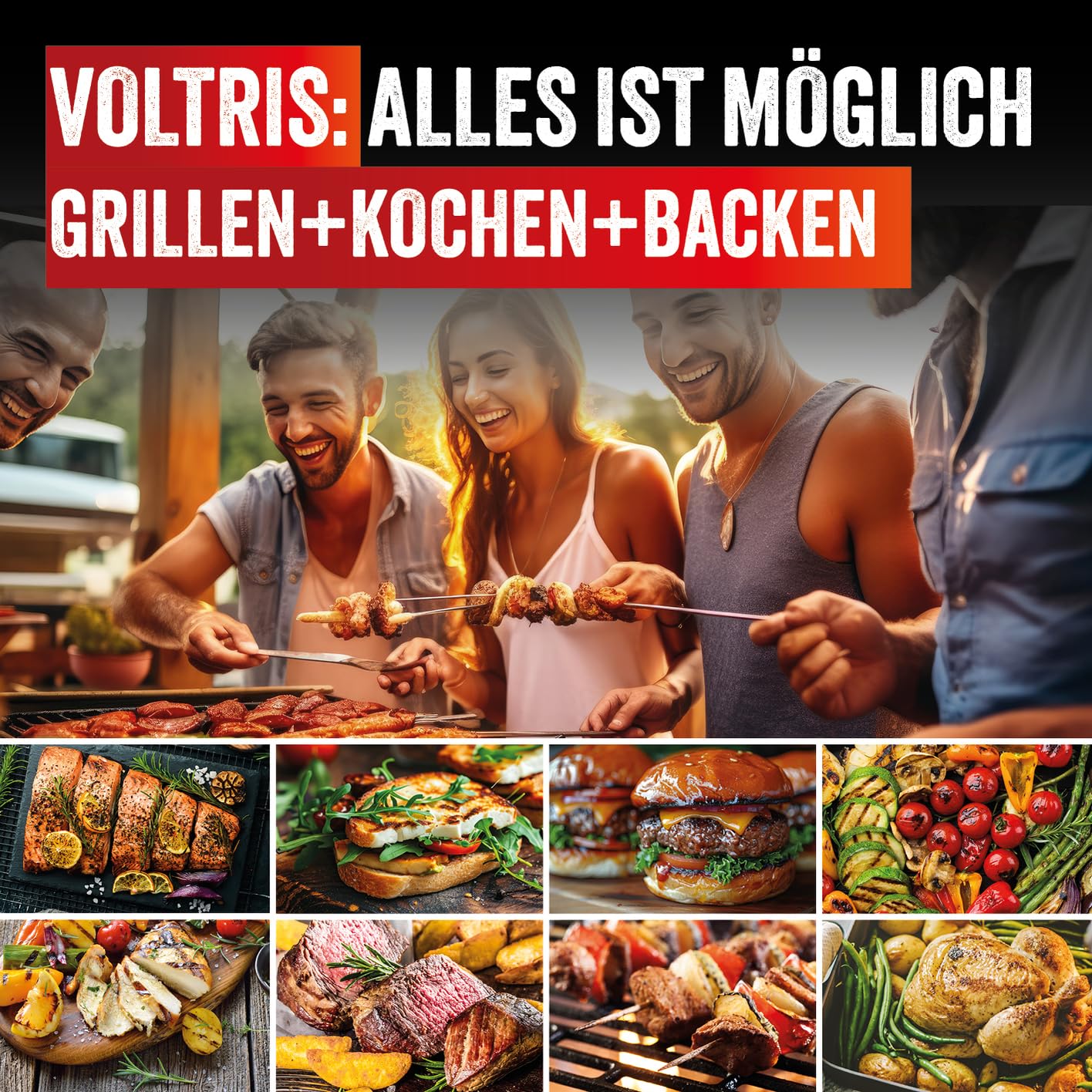 LANDMANN Elektro-Grillwagen EG-II-591 | Leistungsstarker Standgrill mit 2 Fleischthermometern & Deckelthermometer | Ohne Gas & ohne Kohle grillen | Grillfläche ca. 59 x 40,5 cm | 3200W [Schwarz]